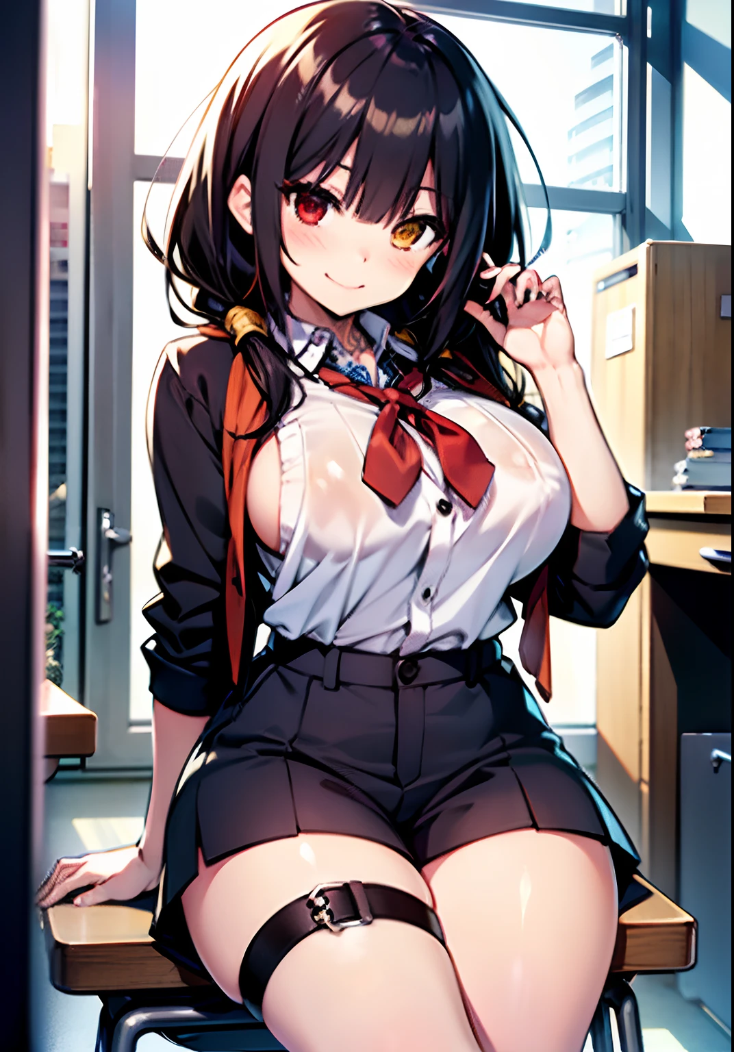 Masterpiece, High Quality, ultra quality, Best lighting, 1Girl, ((Kurumi Tokisaki)), Long hair, Black hair, (((low twintails))), Monochrome, ((Right red eye:1, Left yellow eye:1)), school uniformss, ((Mini school uniform)), ((Mini pants)), ((large full breasts)), ((big thighs)), Smile, smoking, blush, Cute face, ((Gesugao Face)), Sitting, sexy body, Sexy, Tattooed full-body, Tattooed face, (((tattooed))),looking up at viewer, Big breasts, NSFW (New South Wales), In class, ((.class))