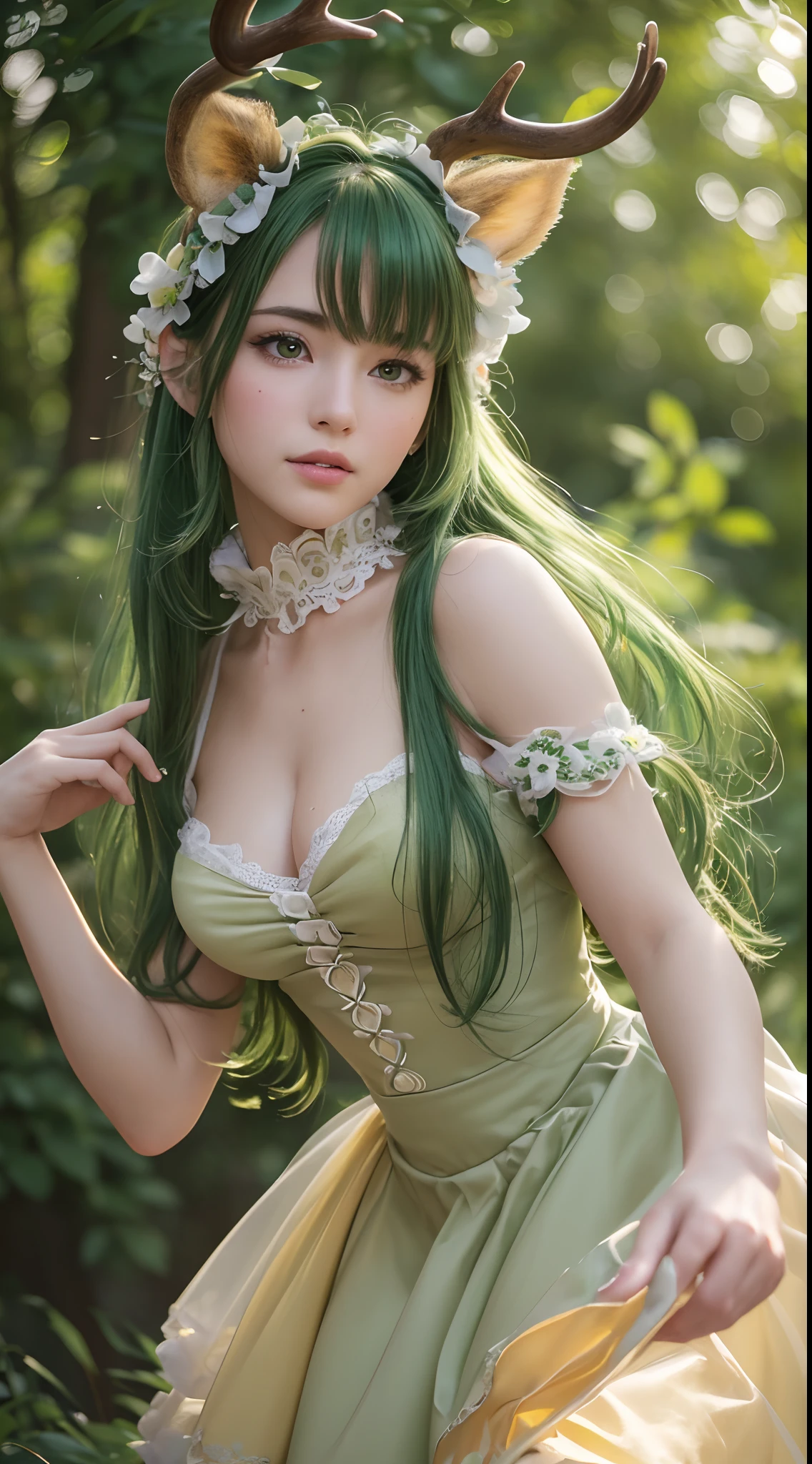 (Best quality,4K,8K,A high resolution,Masterpiece:1.2),Ultra-detailed,(Realistic,Photorealistic,photo-realistic:1.37),Bokeh,Green-haired beauty,Vertical yellow pupils,deer antlers,maid costume,Soft lighting,Bending over,Playful and elegant,Sharp focus,Super detailed,Ethereal,Landscape painting,Vibrant colors,Soft lighting