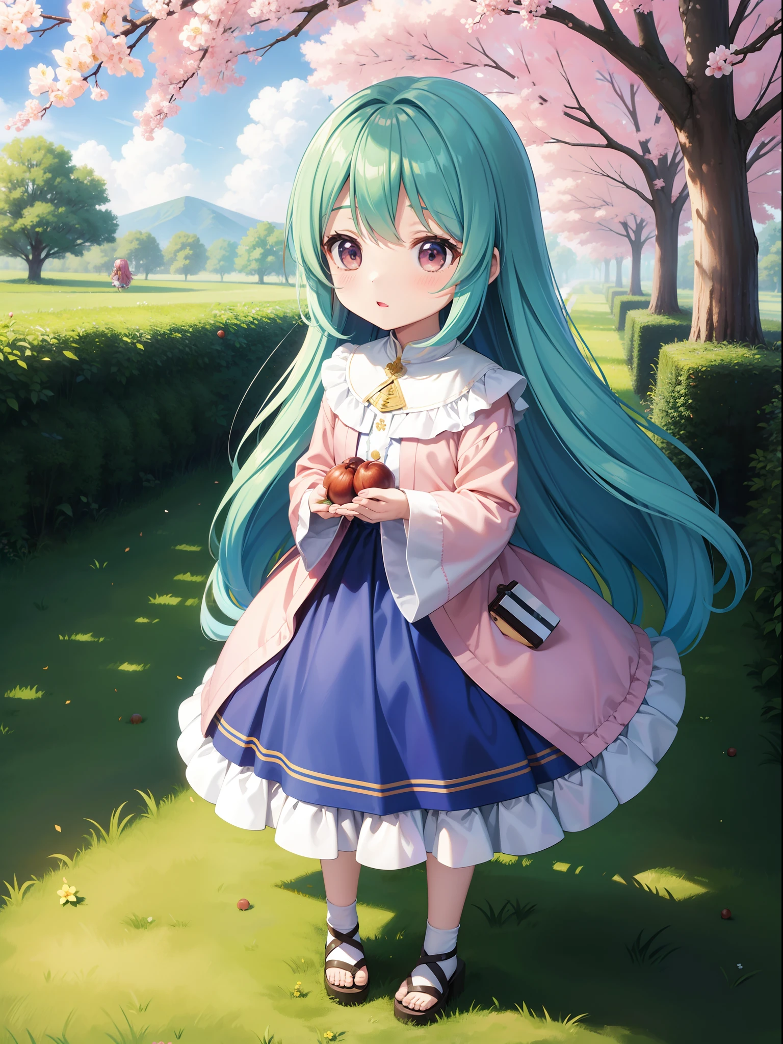 Chibichara Picking chestnuts in a chestnut grove long hair with blue hair((Chibi Chara))、Fluffy、girl with、Chibi Chara、full body Esbian、Pastel colors hair、masutepiece、top-quality、