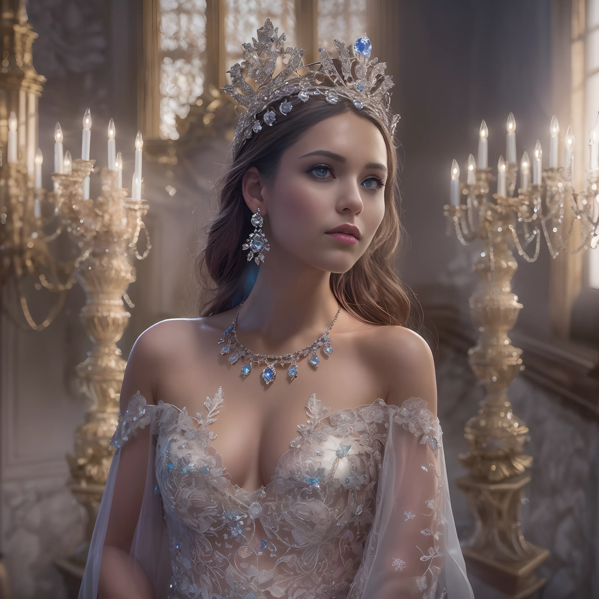 (((nffsw))), (((masutepiece))), (((8K))), (((hight resolution))), (((surrealism))), (((Cinematic lighting))), god rays, Zoom Layer, (((FULL BODYSHOT))), F/4.0, canon, Shiny skin,Detailed skin,Detailed face, Detailed eyes, Beautiful bride goddess, The Princess Room of the German Castle, Royal Tiara, see-through wedding dresses, silver earing, Large sapphire pendant, Mystical sight, Light shines through large windows