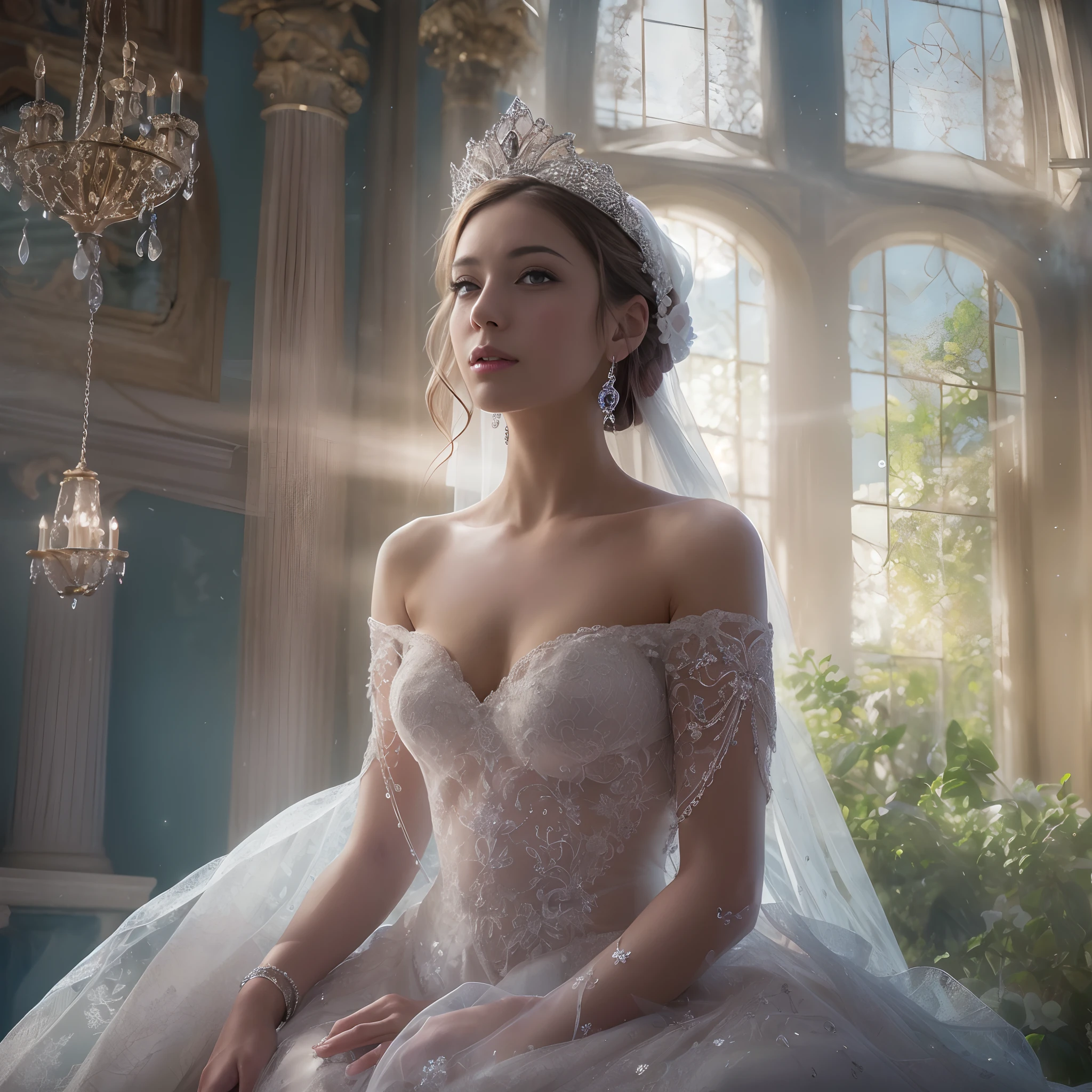 (((nffsw))), (((masutepiece))), (((8K))), (((hight resolution))), (((surrealism))), (((Cinematic lighting))), god rays, Zoom Layer, (((FULL BODYSHOT))), F/4.0, canon, Shiny skin,Detailed skin,Detailed face, Detailed eyes, Beautiful bride goddess, The Princess Room of the German Castle, Royal Tiara, see-through wedding dresses, silver earing, Large sapphire pendant, Mystical sight, Light shines through large windows