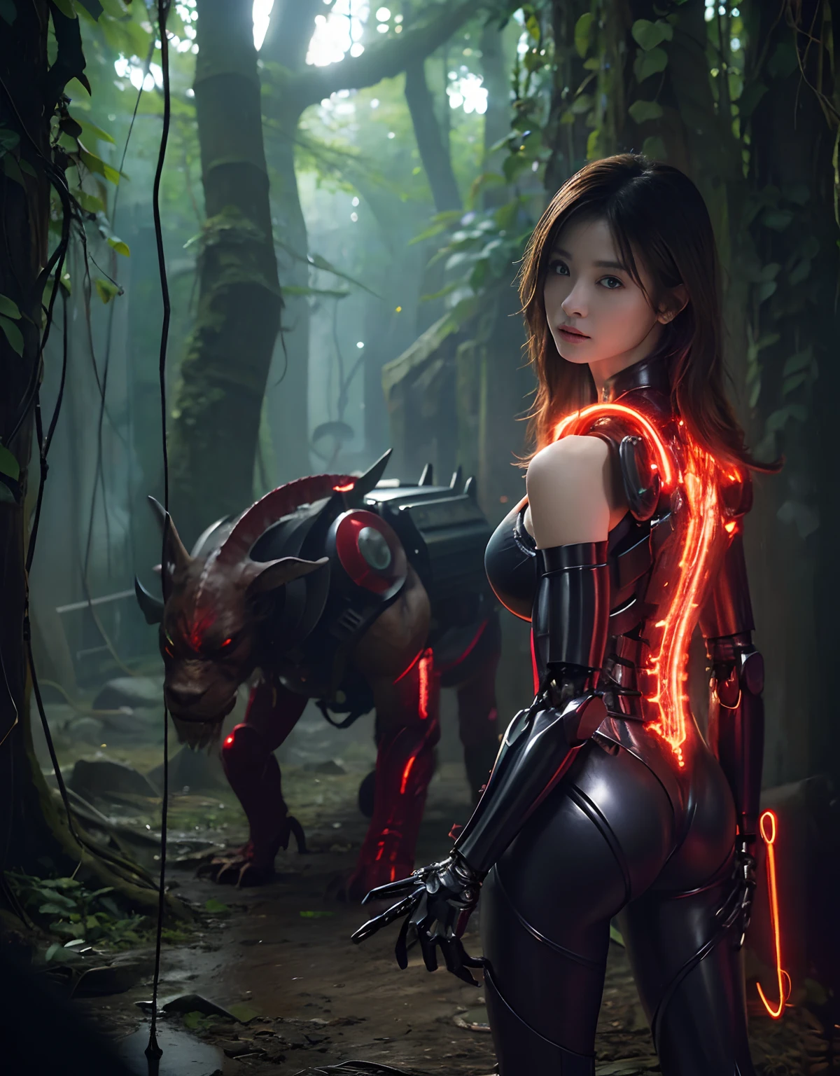 (1 Mechanical Girl)、top-quality、masterpiece、超A high resolution、(Photorealsitic:1.4)、Raw photo、女の子1人、Golden hair、glowy skin、(((1 Mechanical Girl)))、With a beautiful knife、(Blue Metal Bodysuit)、(beautiful forest background)、(Fighting Demonic Beasts)、(Small LED)、((super realistic details))、portlate、(Strong giant demon beast background),globalillumination、Shadow、octan render、8K、ultrasharp、Colossal 、Raw skin is exposed in cleavage、metals、Details of complex ornaments、Japan details、highly intricate detail、Realistic light、(Mystical expression),CGSoation Trends、Red Eyes、radiant eyes、Facing the camera、neon detailechanical limbs)、(blood vessels connected to tubeechanical vertebrae attached to the back、mechanical cervical attaching to neck、(Wires and cables connecting to the head)、Gundam、Small LED、,Mechanical thighs、Toostock、(Hands are also made of machines)、(Attack of the Monster Beasts)、(Wounded in a deadly battle)、