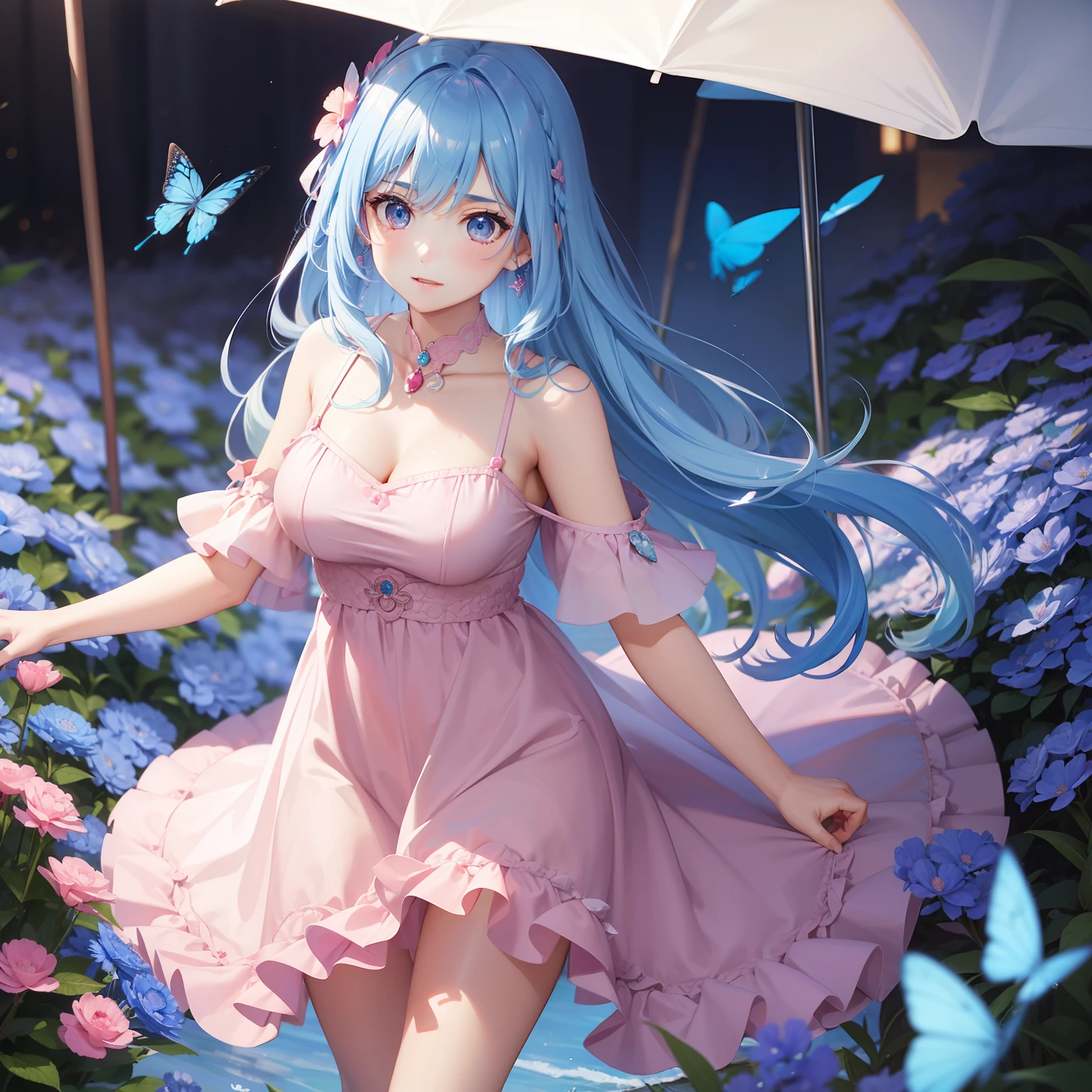 1girl, masterpiece level, highest picture quality, super detailed CG dance girl, blue pupils, wearing pink slip dress, tulle white socks, flesh-colored dancing shoes, blue ribbon and bow, sexy back line, garland matching, stage set, finely carved, slim body, two-dimensional beautiful girl, elegant and charming, delicate, super detailed --auto --s2
