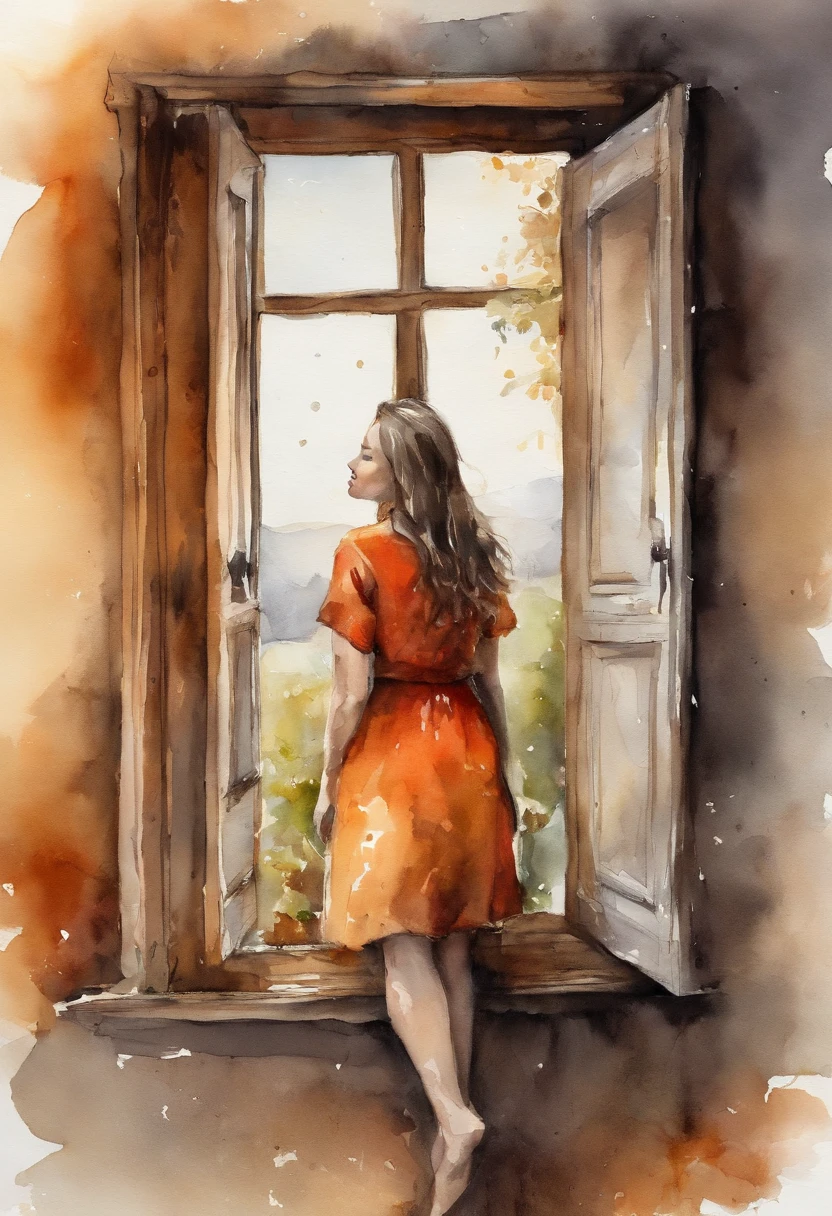 the girl looks at the light in front of her eyes in the window, in the style of yuumei, light black and amber, letras y figuras, sparkling water reflections, cabincore, joel robison, light orange and red --ar 4:7 --s 350 --niji 5 --chaos 4 --style expressive