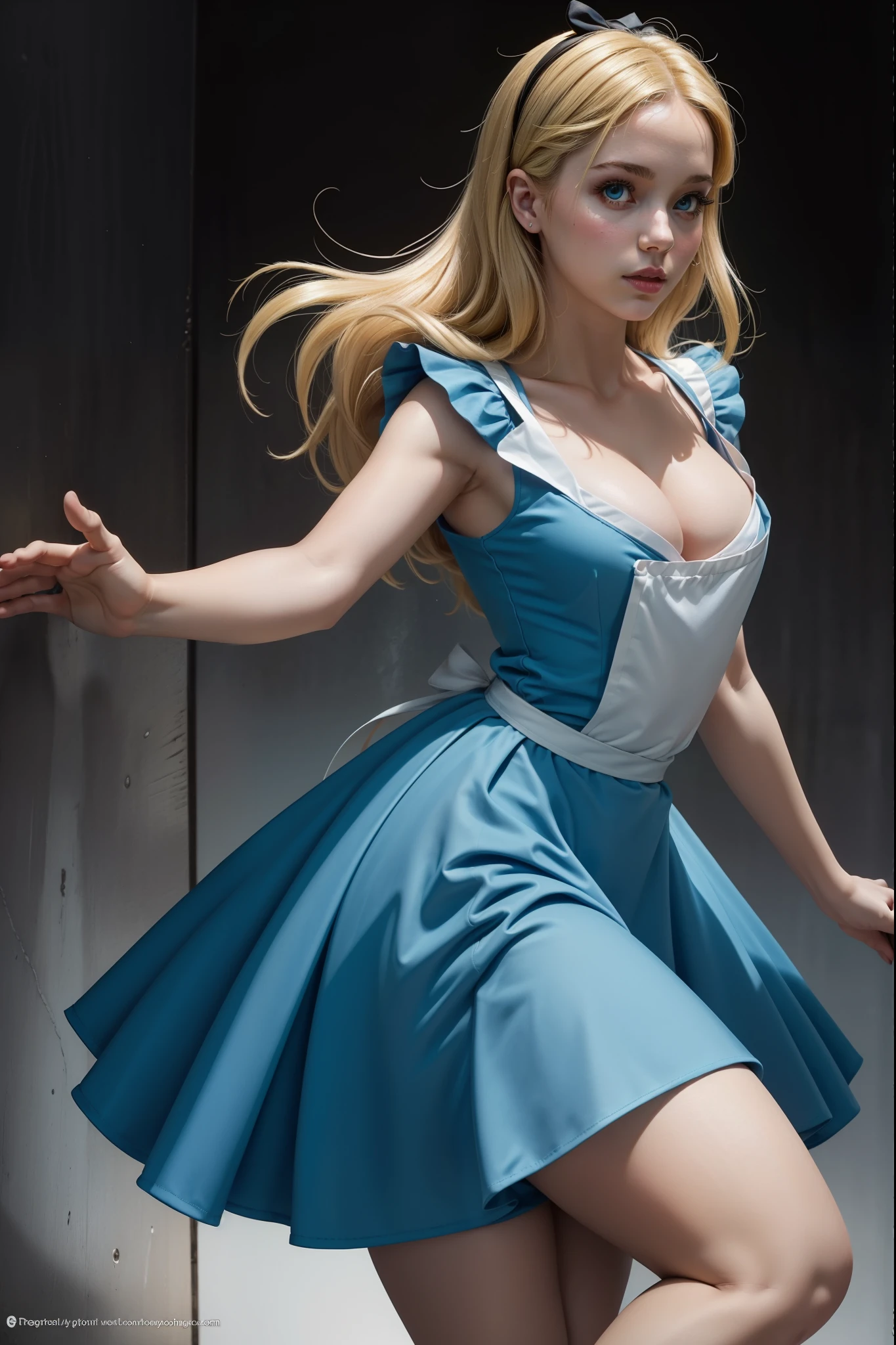 masterpiece, 1girl, solo, a sexy Alice in Wonderland with blonde hair, powder blue dress with white apron, white stockings, cleavage, dynamic, ultra high def, 32k, (perfect anatomy:1.5), perfect legs, in the style of Artgerm and Adam Hughes, perfect arms,