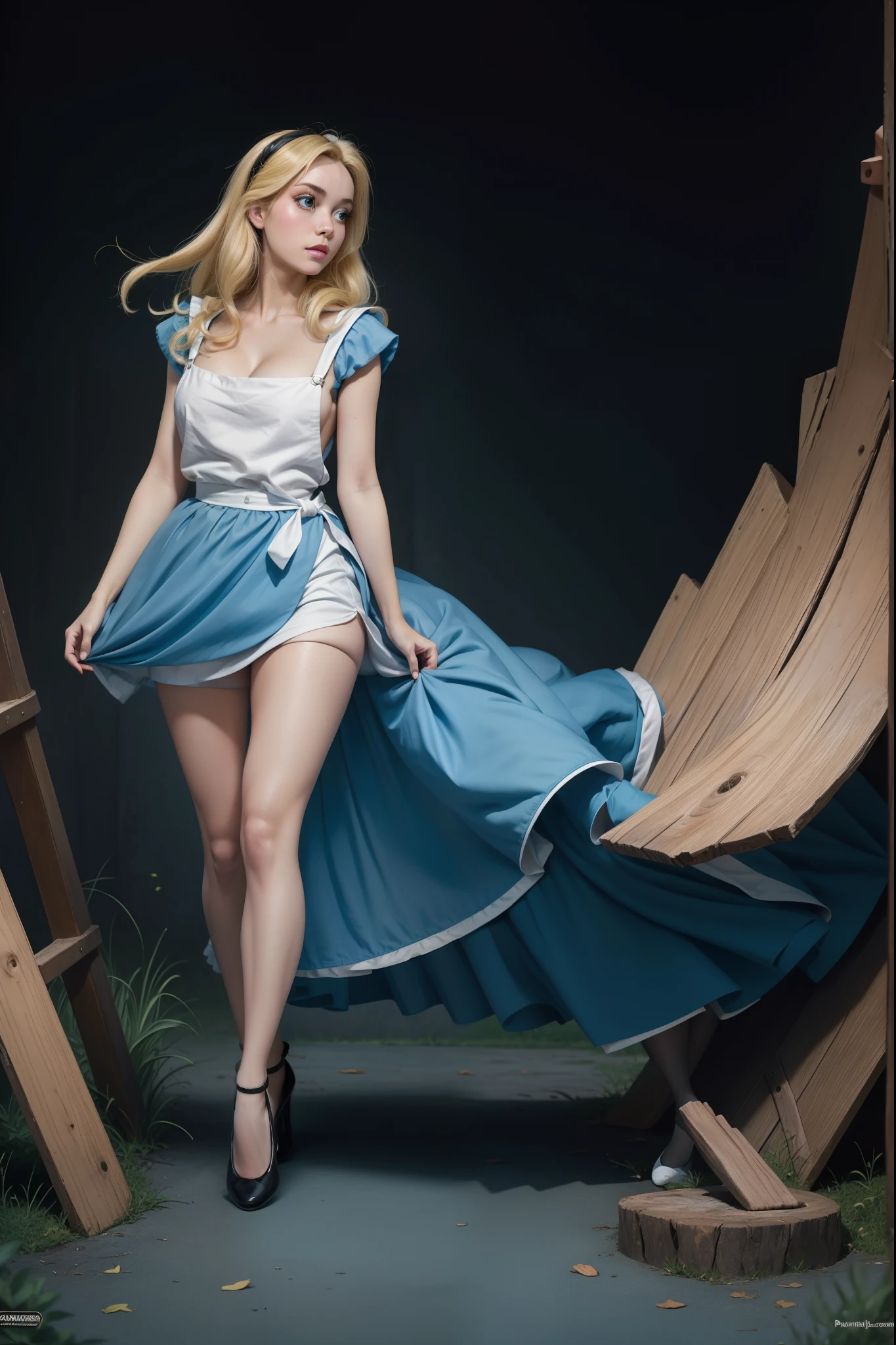 masterpiece, 1girl, solo, a sexy Alice in Wonderland with blonde hair, powder blue dress with white apron, white stockings, cleavage, dynamic, ultra high def, 32k, (perfect anatomy:1.5), perfect legs, in the style of Artgerm and Adam Hughes, perfect arms,