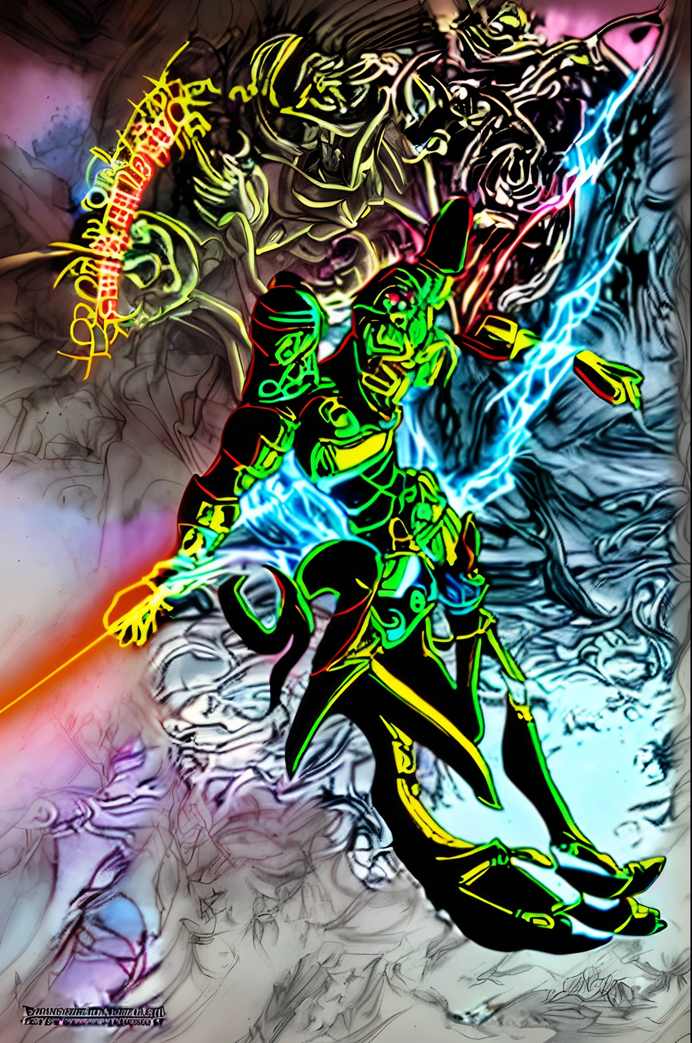 weird edgy superhero, standing, solo, full body, dark, mysterious, surreal, powerful, dramatic lighting, intense colors, comic book style, 60s,methurlant intricate surreal gritty atmospheric cinematic stylized contrast comic eerie cybernetic futuristic, bizzare, eldritch, strang, occult, psychedelyc, surreal, terror,