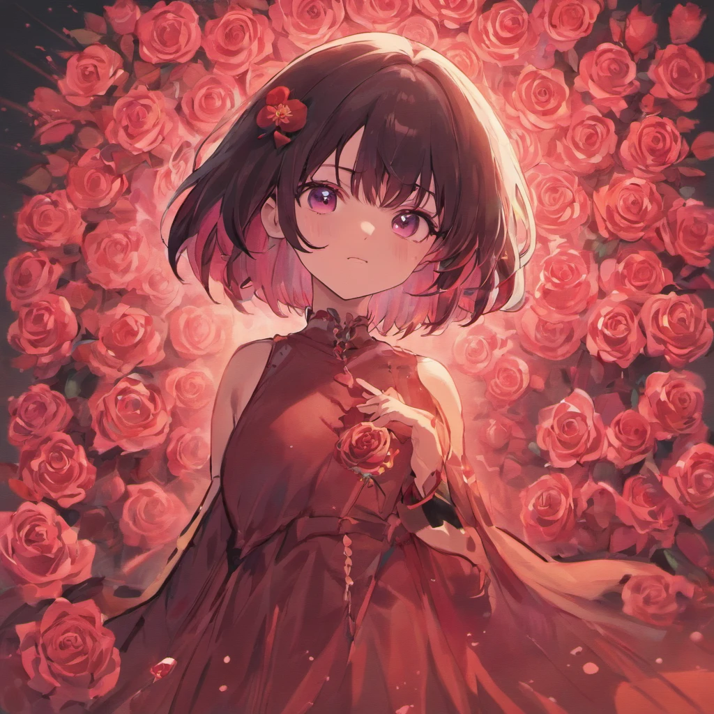 (Rose Shorthair Girl)Detailed and high-quality images，Dynamic Pose，Focus on facial features，Roses on the background，glowing sun，black colored hair，stares at the camera