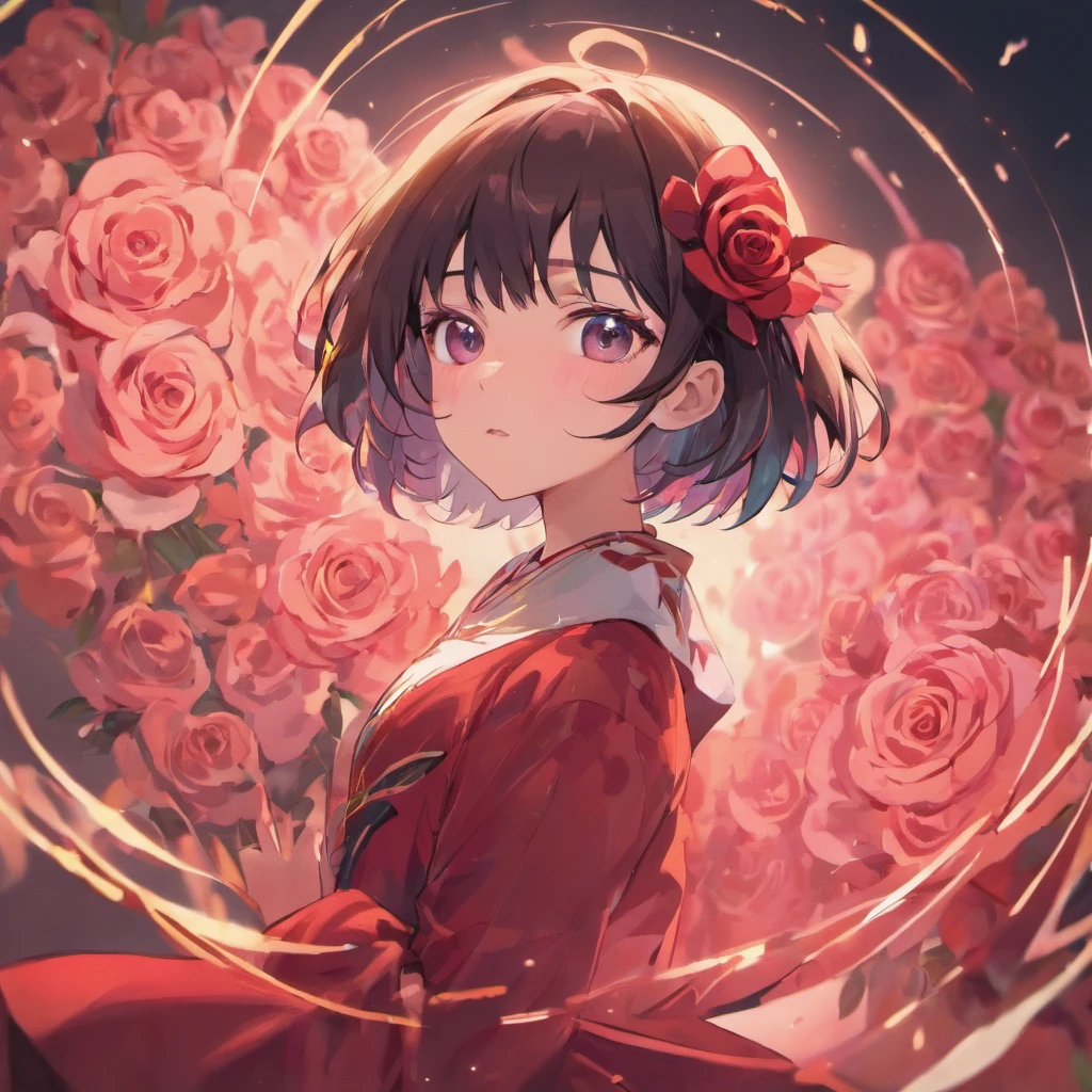 (Rose Shorthair Girl)Detailed and high-quality images，Dynamic Pose，Focus on facial features，Roses on the background，glowing sun，black colored hair，stares at the camera