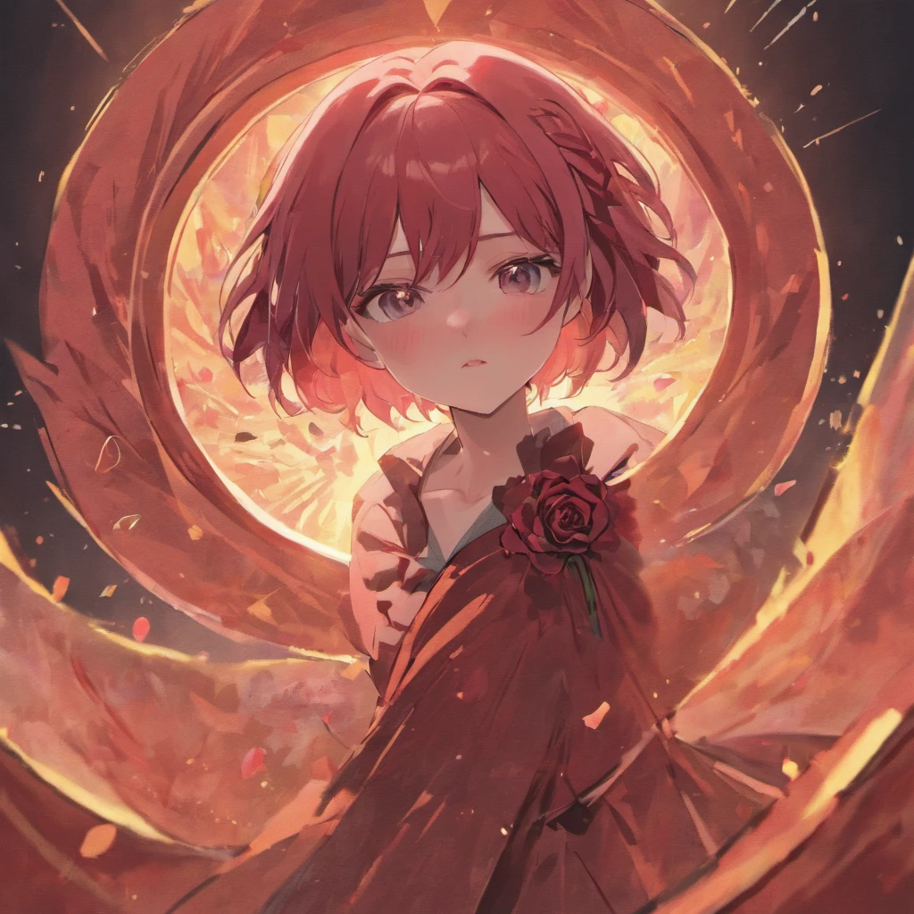 (Rose Shorthair Girl)Detailed and high-quality images,Dynamic Pose,Focus on facial features,Roses on the background,glowing sun,black colored hair,stares at the camera