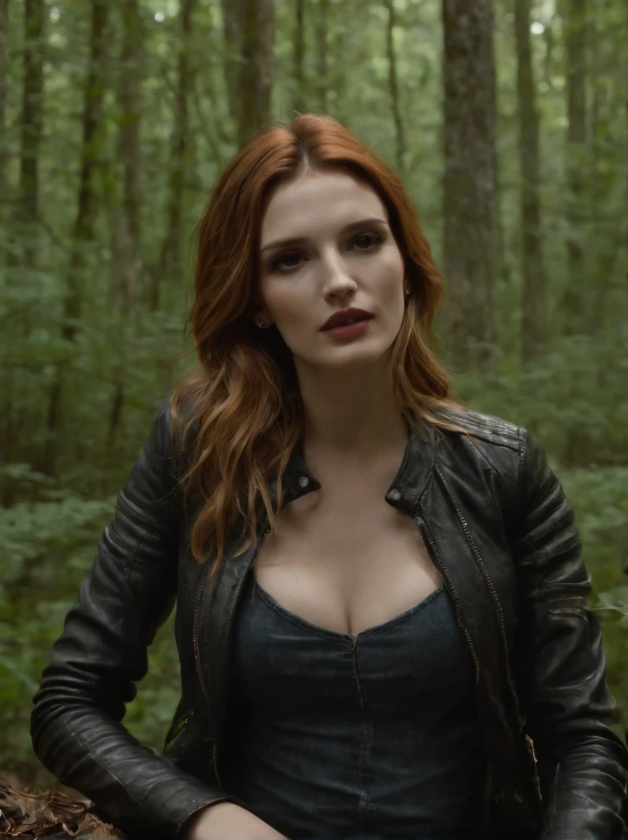 Dark Forest, Tormented by lust, Bella Thorne drowns on her thigh in a swamp. wearing jeans, leather jacket.