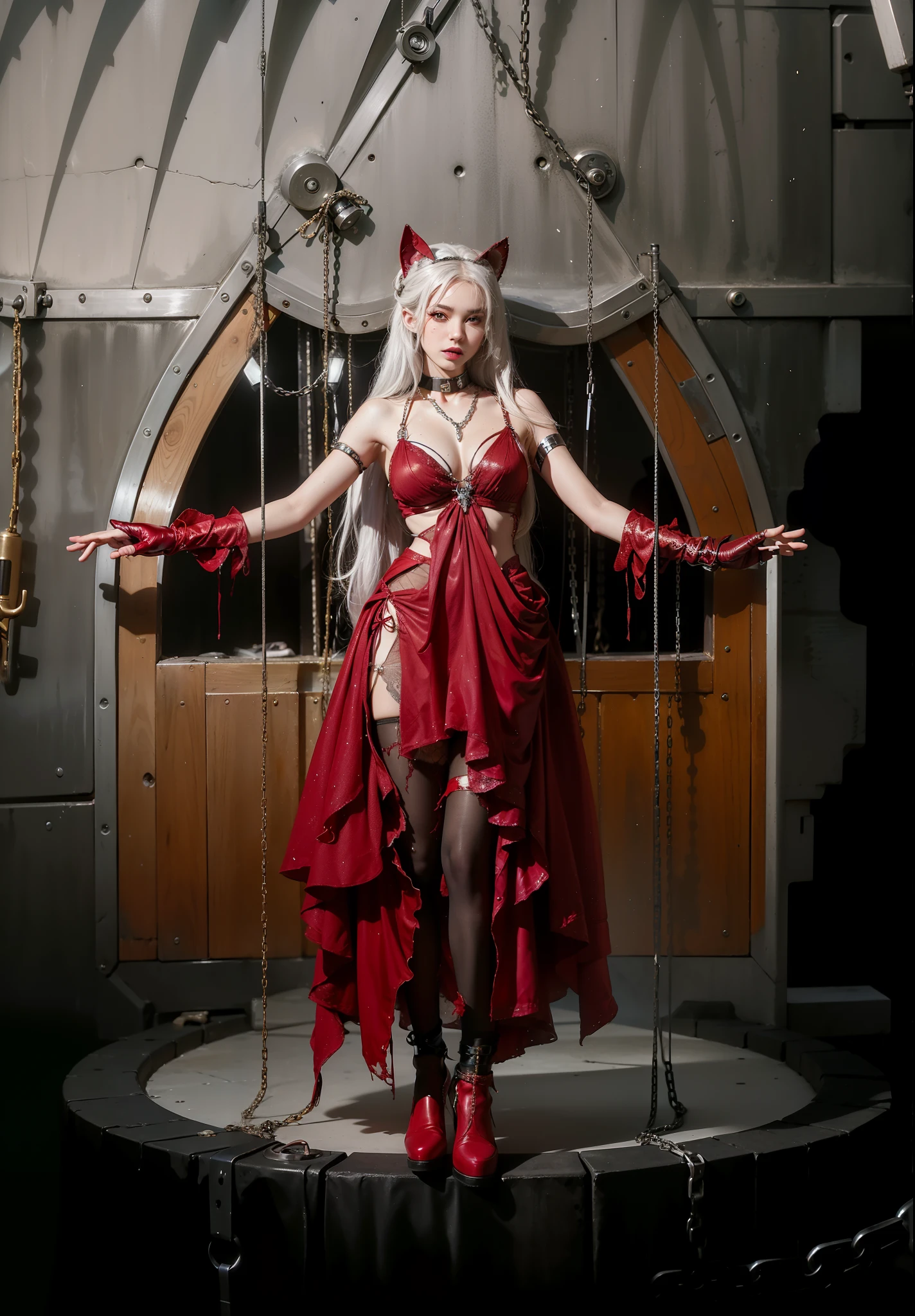 ,((Wearing a torn sheer costume of a superheroine)),(, No bra)), Wet crotch, Wet thighs, Beautiful girl with accentuated slender abs: 1.4, (((nipple tips protruding, areola is protruding, The shape of the pubic region is clearly visible)), sixpack abs: 1.4, Bust Botox, Photo, Sharpness, Unique 850 4, Koda850 k portrait camera, F1.6 shots, Ultra-realistic textures, Spectacular light textures, Cinestil 800 Fashion Mechanics, (futuristic sci-fi battle fashion: 1.1), (tied perfectly by chain), Restraint, Slaves, collars, ((wide prison with sunlight)), Dark fantasy, Realistic material details, extreme hight detail, Ultra-realistic materials ((Torn costume))), Wet, Cloudy, (Chained)), ((big emphasized by chains)), ((chains digging into crotch)), ( (Collar)), (, No bra), shredded costumes, broken golden shields and battle spears,, White combat gloves, Combat shoulder armor, Blood splattered on the face, Blood splattered, Realistic, (Bruises, Dirty, ripped clothing, skimpy clothing, Blood: 1.3),  Torn Cape, Torn pantyhose, Long legs, ((iron pipe in the crotch)), Metallic shackles and fetters, ((chains hung from heaven)), Wet crotch is clearly visible, Swarovski's sword and the anatomy beneath his feet, (futuristic sci-fi battle fashion, Torn mesh stockings),