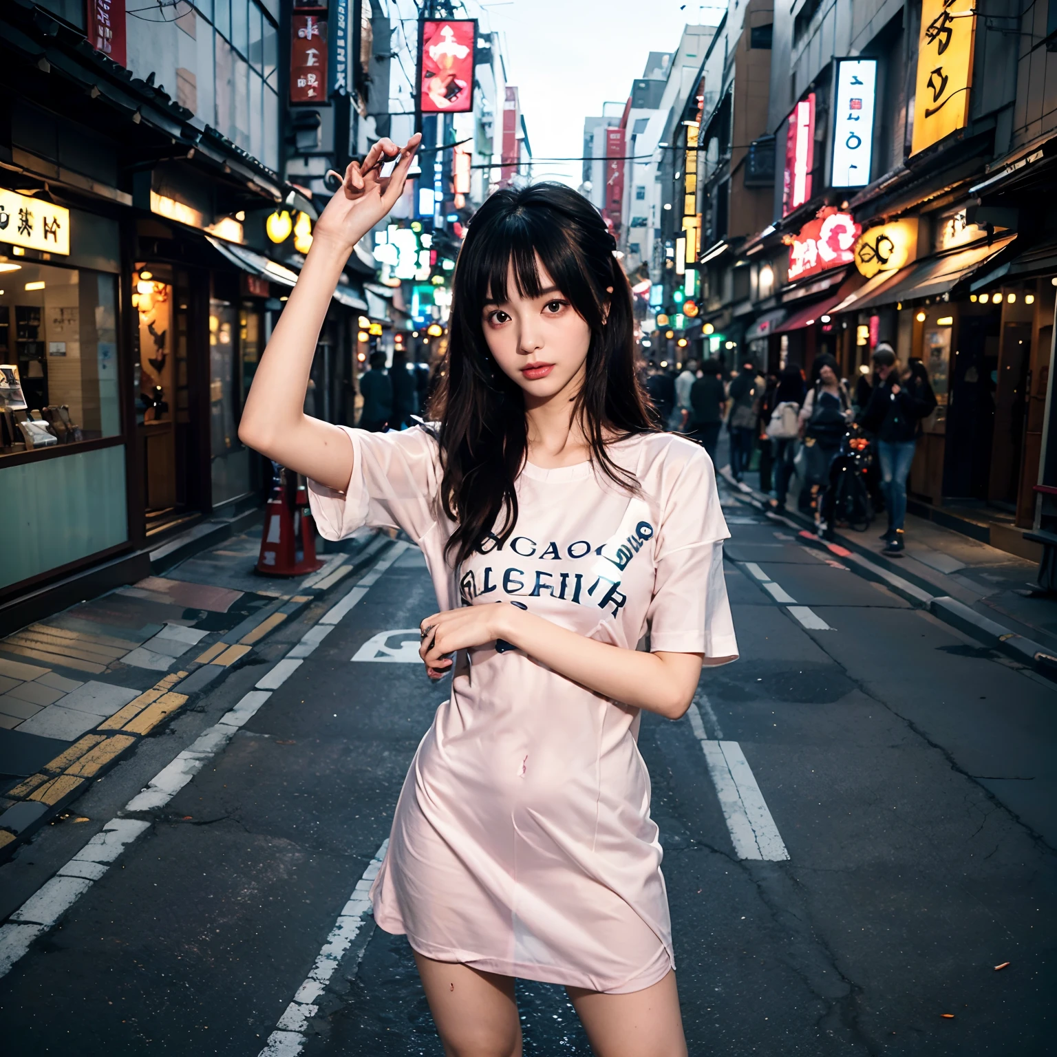 At an art gallery in Tokyo, A slender, tall, Intelligent young Japan woman with long bangs hair in a full body black dress; There are 4 beautiful girls with different Japan faces in each、Young Face、Adult Poi Girl、Intelligent girl、There are active girls、Next to her is、Human-sized frog wearing Gucci trainers stands; Standing between them is、That's 13-, 14-, 15 year old woman taking shortcuts........., Bright pink t-shirt with deep brown bangs、Different faces for each、Keep the entire screen at an angle、Align views from the right side of the screen, taking selfie., 8K, Painting of woman in white see-through dress on background、At an art gallery in Tokyo, A slender, tall, Intelligent young Japan woman with long bangs hair in a full body black dress; There are 4 beautiful girls with different Japan faces in each、Young Face、Adult Poi Girl、Intelligent girl、There are active girls、Next to her is、Human-sized frog wearing Gucci trainers stands; Standing between them is、That's 13-, 14-, 15 year old woman taking shortcuts........., Bright pink t-shirt with deep brown bangs、Different faces for each、Keep the entire screen at an angle、Align views from the right side of the screen, taking selfie., 8K、(credibly_absurderes,Huge_filesize:1.37),(masterpiece:1.37),(top-quality:1.37),(realisitic,Photorealsitic:1.2),Ray traching,Realistic lighting,(illuminations,Glow),((film grains:1.37)),(Exquisite details and textures:1.2),(8K resolution:1.2),(ultra -detail:1.2),(Sharp Focus 1.2),(Raw photography:1.0),(Beautiful Detail Face、Beautiful Detail Eye、 radiant eyes、long eyeslashes、blush of the nose:1.2)、((((perfect anatomia))))、full body Esbian、Ceremony、1girl in、独奏、a beauty girl、High class、(A slender:1.37)、(cute face)、(Natural glowing skin:1)、(Detailed natural skin、detailed skin textures、Detailed black hair、Well-formed hairstyles)、Facial light、(ciinematic light)