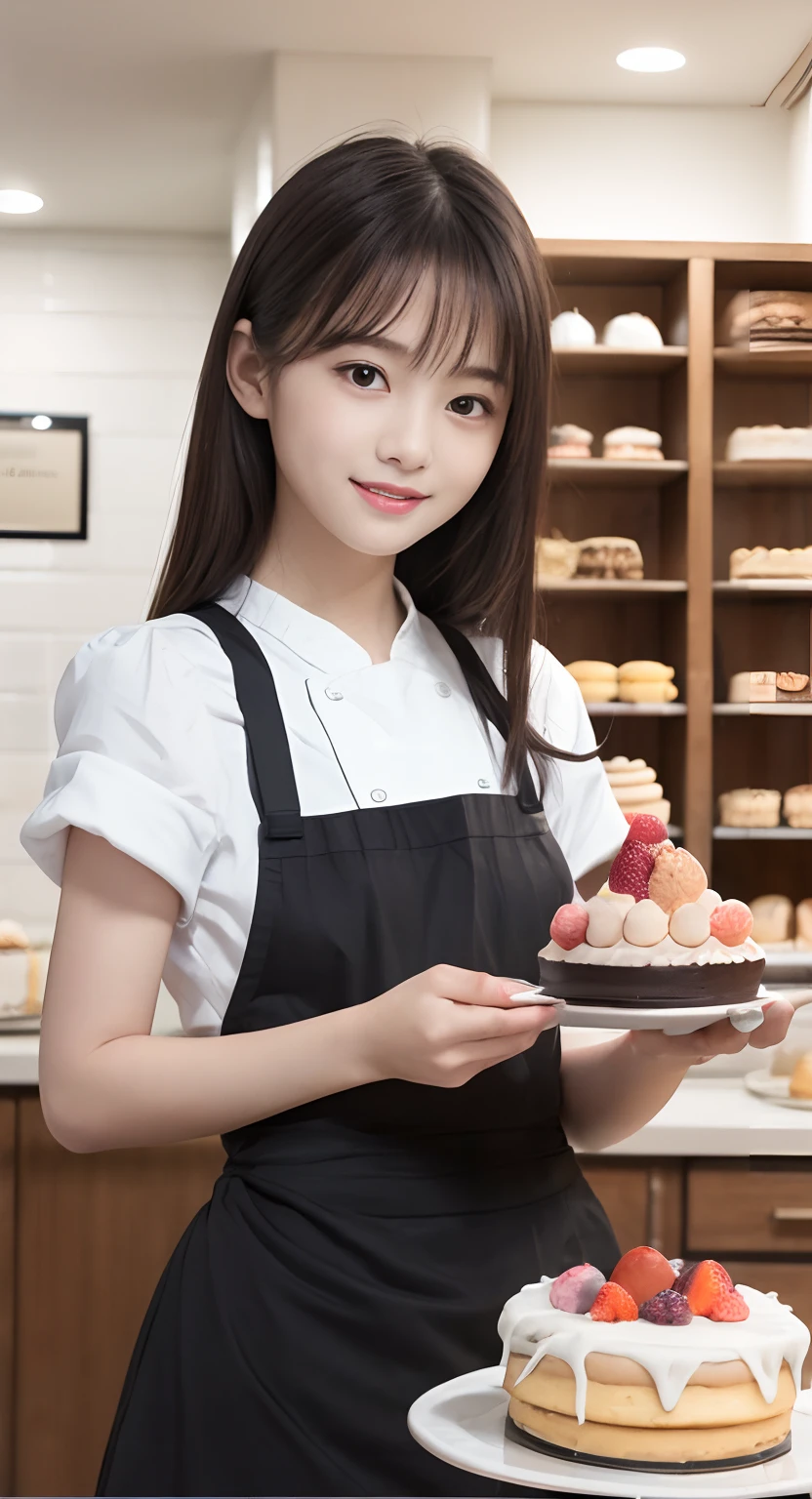 (top-quality、masterpiece:1.2)、Best Quality、realisitic、photoshot、hight resolution、1080p、8K、Textured skin、Physical Rendering、1 Japan Girls、High school students、kawaii、Young Face、Rolled hair、(patissier:1.5)、Cake shop、full of shyness、smil、Big