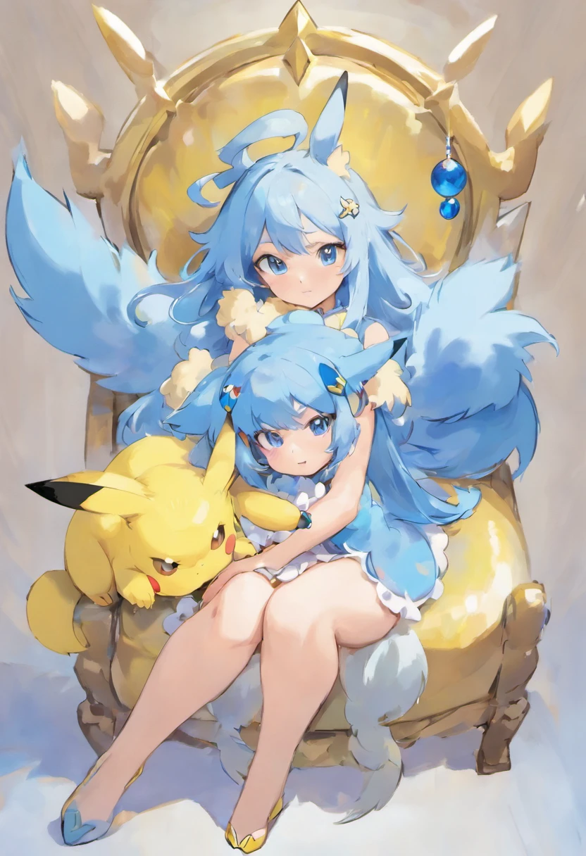 (absurdres, masterpiece) Pikachu is sat on the lap of A ite human female with pale human skin and long blue hair and blue eyes and blue fluffy dog ears and a big blue fluffy dog tail.