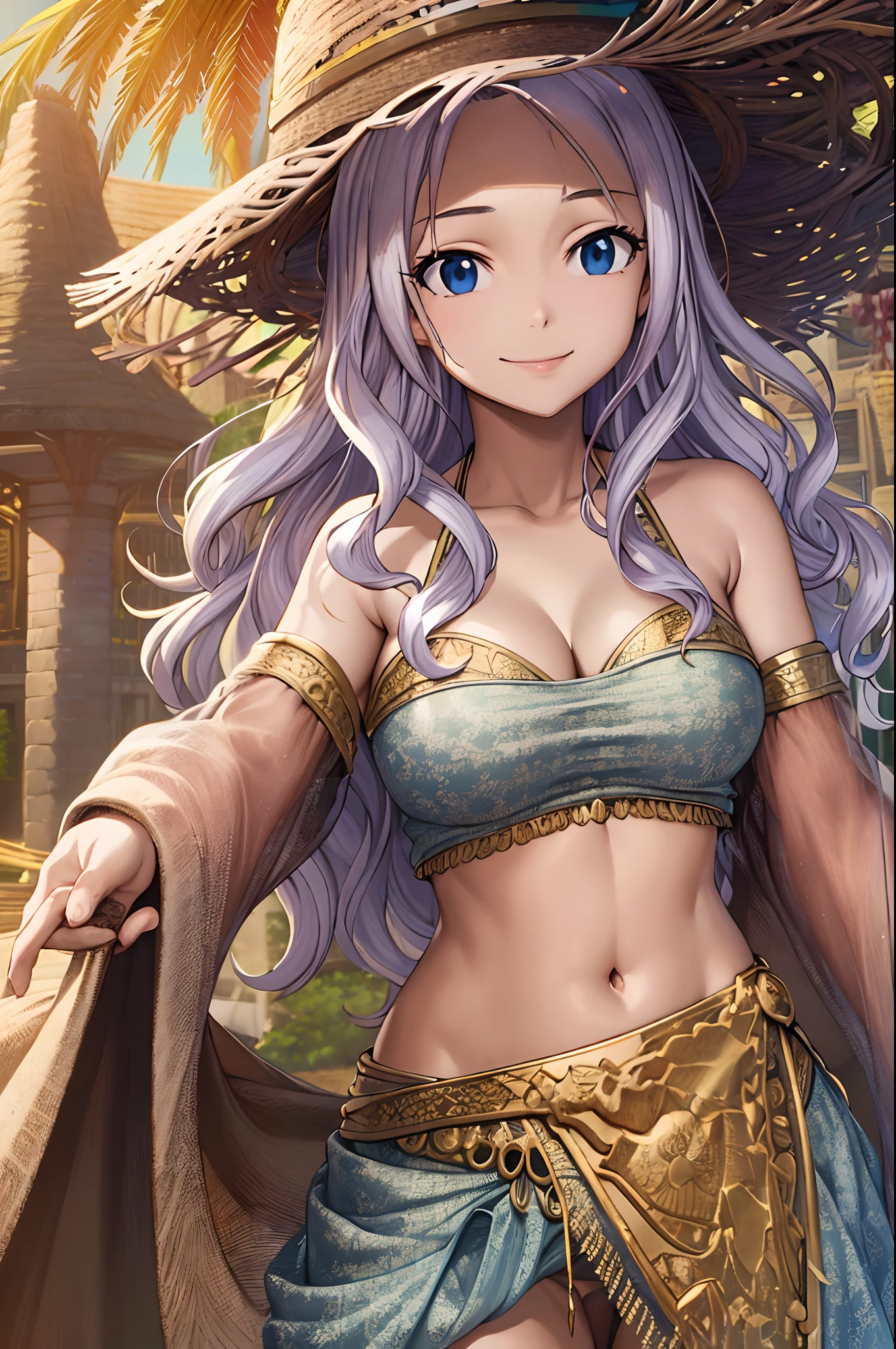 masterpiece, absurdres , (intricate details), (colorful),cinematic lighting,bust shot,extremely detailed CG unity 8k wallpaper, mirarnd, 1girl, seductive smile, straw hat,midriff, bikini, print sarong, beach, palm tree, sunlight, floating hair, happy
