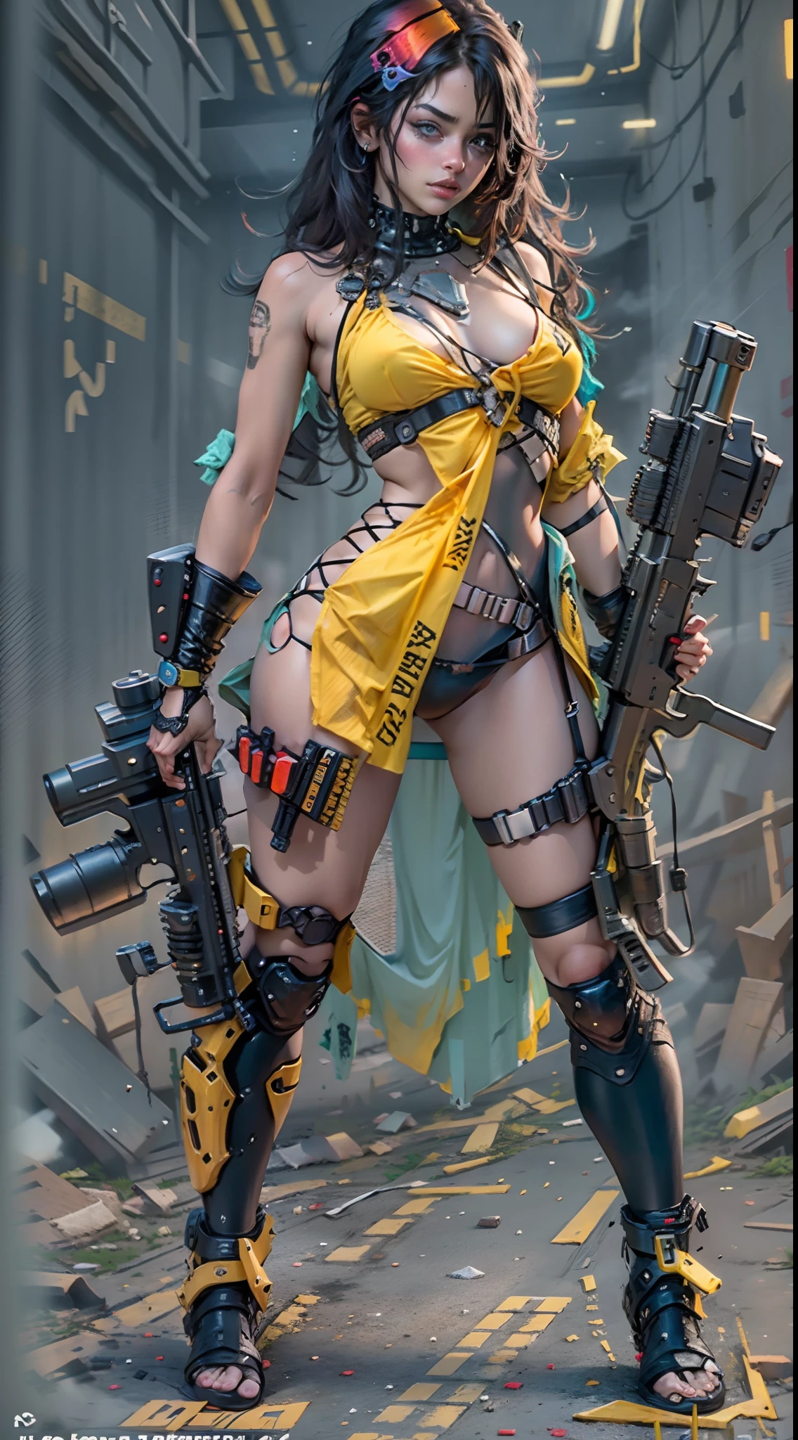 motor irreal:1.4,CG ultra realista 64K, fotorrealista:1.4, textura de la piel:1.4, obra maestra:1.4,posing behind Beautiful woman holding gun, ak-47, assault rifle, kalashnikov rifle, trigger_discipline, low-ready with babydoll lingerie、sexzy dress,Ropa corta estilo cyberpunk color amarillo, pantimedias red , Mini falda azul,