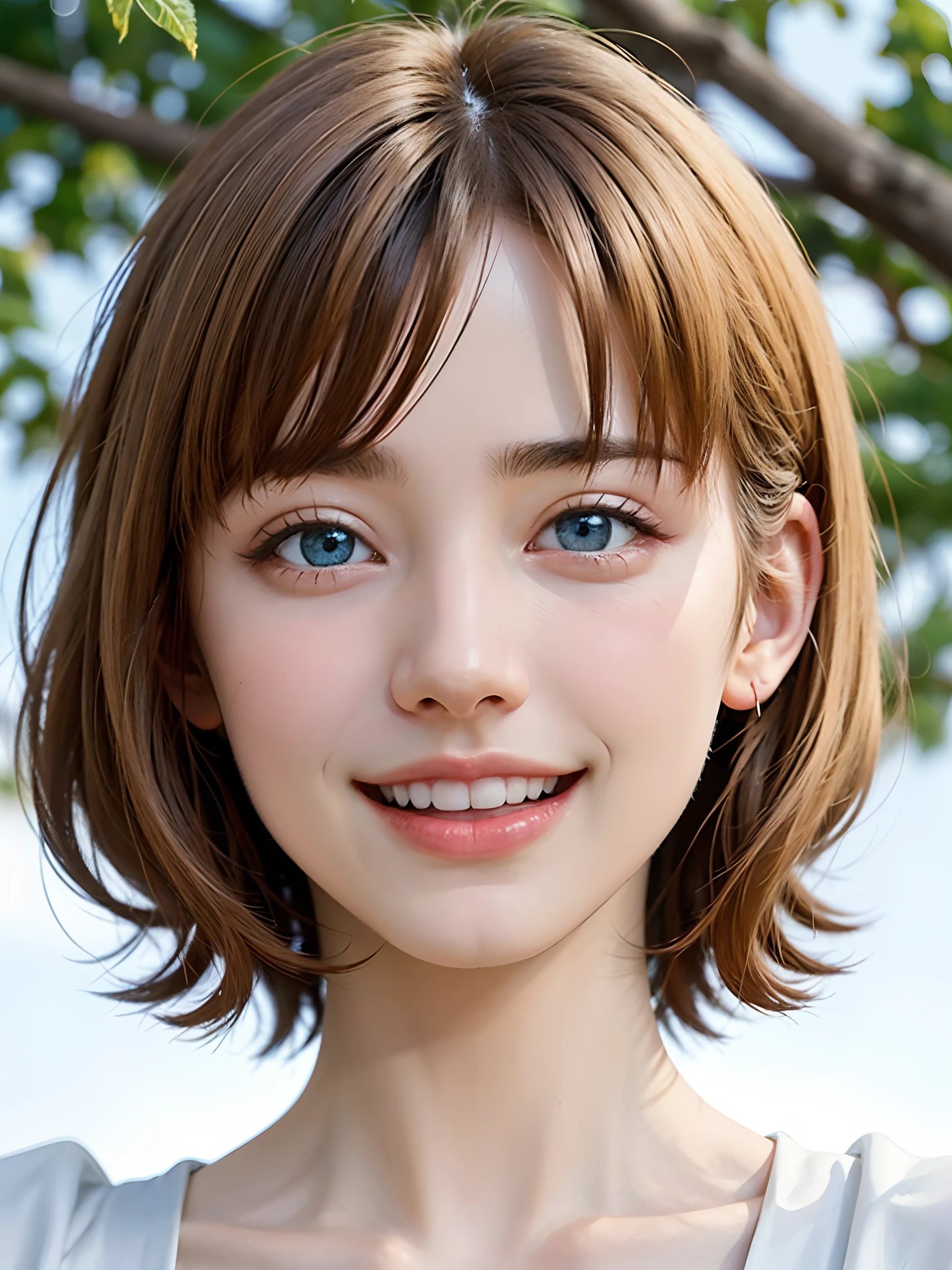 (masuter piece、Best Quality、Masterpiece、Cute face in symmetry、Norse man、1 girl)、Beautiful blonde hair、Intense crystal light blue eyes、no earrings、Beautiful white skin、8years old、Cute white outfit、Very pretty girl、happily laughing、Smile happily、The best smile、Beautiful teeth、Beautiful teeth alignment、Beautiful skins、Staring into the distance、Beautiful nature background of forest with light、Deities々Background