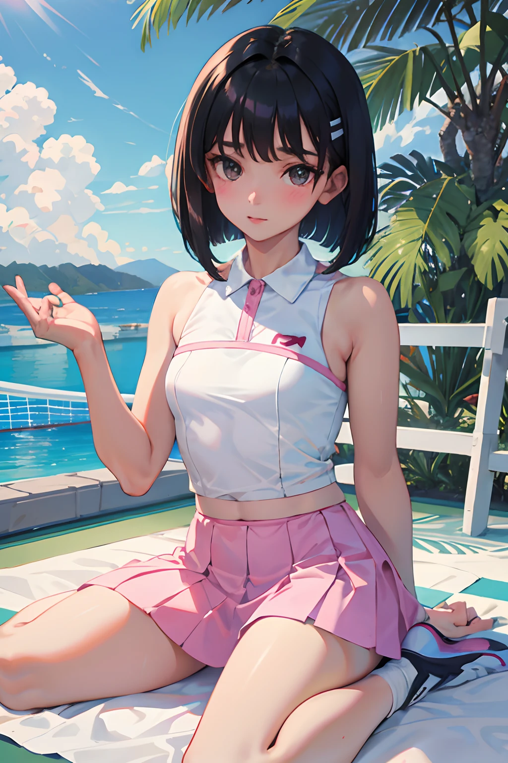 wariza,(masterpiece,Highest Quality),(child),(Tennis Wear),(A dark-haired,Medium bob),embarrassed from,Delicate body,sand beach,Light pink skirt
