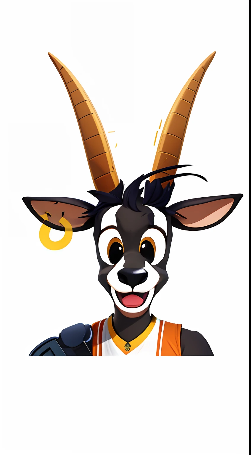 There's a goat with horns and a basketball jersey, Mascot illustration, mascote da equipe esportiva, como um personagem de fortnite, arte oficial do personagem, Arte Oficial, Rabbt_character, Dunkey do videogame, com chifres, Pedro, o Bode, orelhas longas e pontudas, mascote esportivo, Personagem Antasy, an anthropomorphic deer, official character illustration, mascote de corpo inteiro