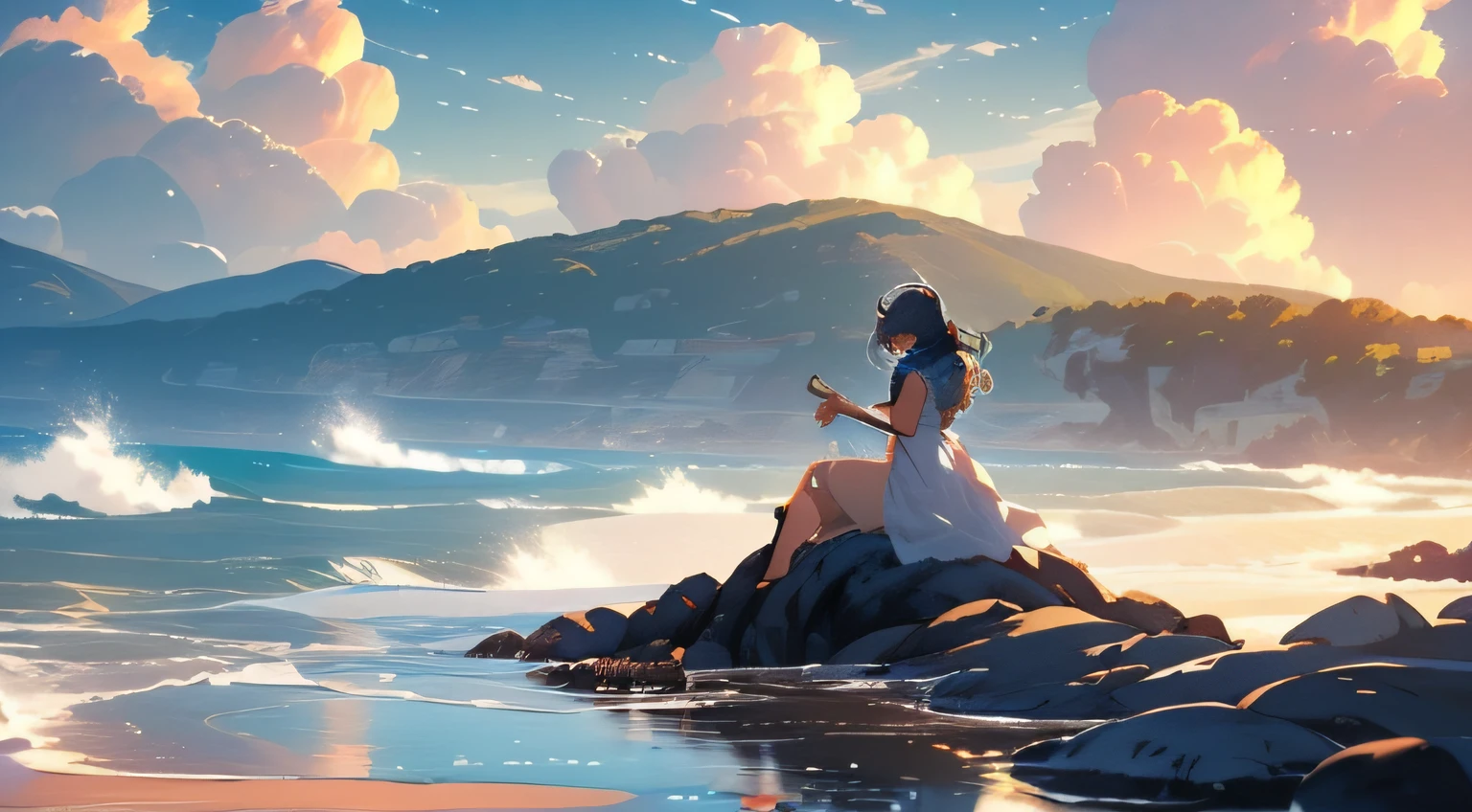 Silhouette girl with glasses sitting on a reef by the sea watching the scenery, Light yellow hair and delicate light yellow stirring, Wearing a long white dress, Blow cold smoke out of your mouth, Neve, 夏天, photography of, (Ultra photo realsisim), {Extremely detailed CG 8k unit wallpaper}, Expansive landscape photography, (The view below prioritizes the elegance of the landscape details, Broaden your horizons), (low angle photo), ( high beams: 1,0), (low-light: 1,0), (Warm light source: 1.5), complexdetails, (Irridescent color: 1,7), (Bright lighting), (Atmospheric illumination), Visionary, ellegance, Modern Yang Jie, detailed fantasy art, Stunning character art, Fanart Meilleure ArtStation, Epic and exquisite character art, Extremely detailed art, The art of detailed digital animation heats up