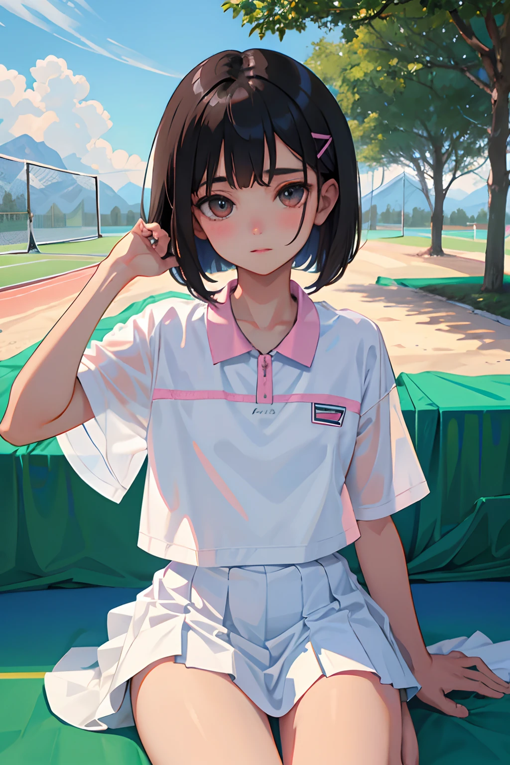 wariza,(masterpiece,Highest Quality),(child),(Tennis Wear),(A dark-haired,Medium bob),embarrassed from,Delicate body,sand beach,Light pink skirt