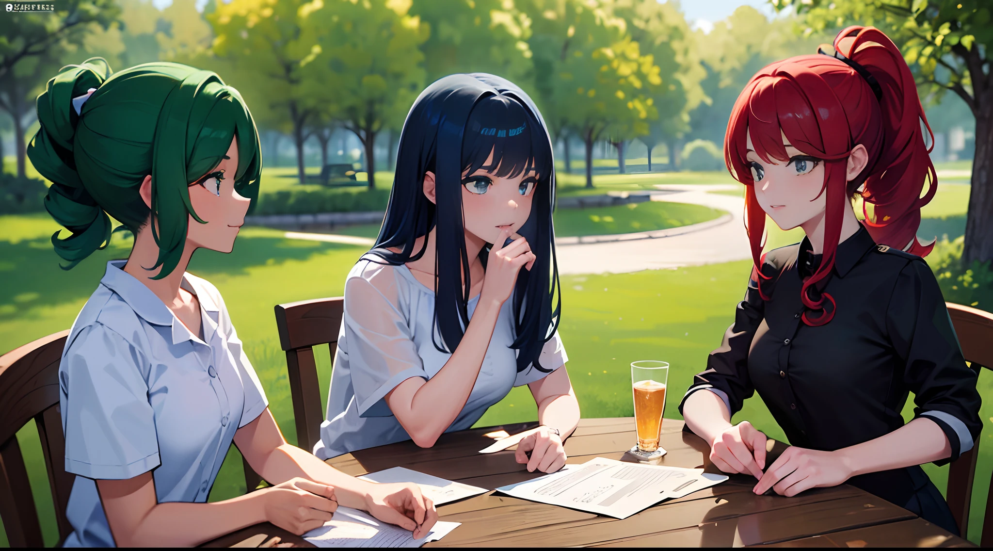 masterpiece, lots of detail, 4k, 8k, ((ultra-detailed)), highres, 2girls, central park, table, {red hair|green hair|black hair|blue hair}, {ponytail|short hair|long hair|curly hair}