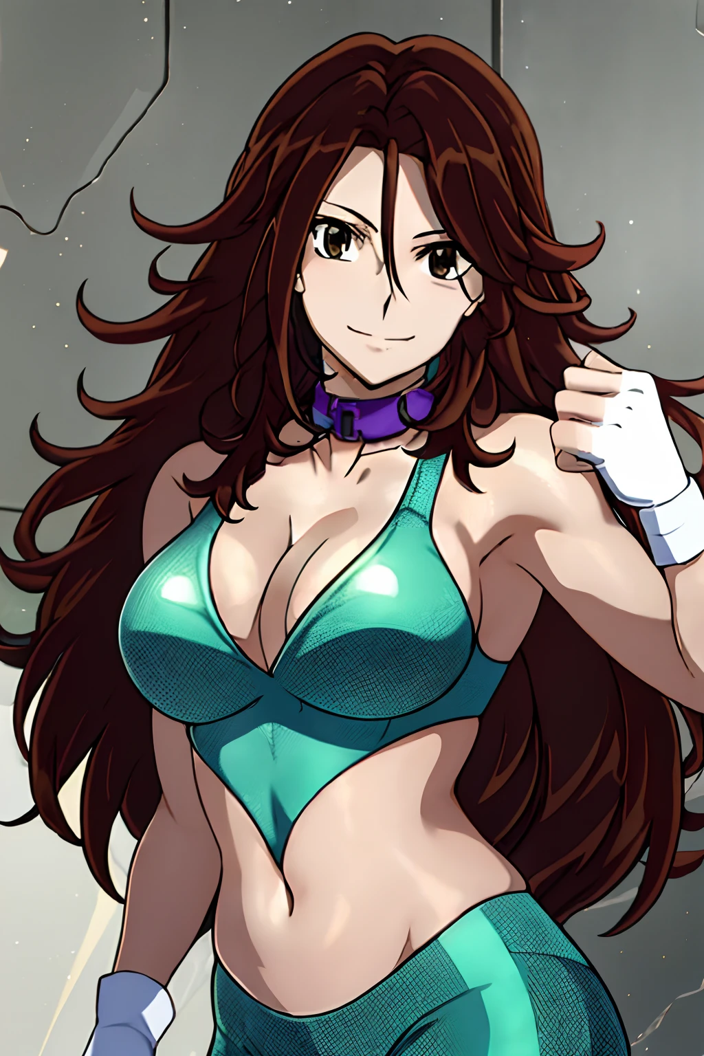 cowboy shot, ultra detailed face, 4k, Sumergai Lee Noriega, best quality, anime style, hires, highest definition, digital blending, bold drawing lines, ((weak body, female wrestler), (slender body), mature woman, (wrestling gear, collar band), victorious, gorgeous, winner, confident face, smile, (closed mouth), (pale skin, shiny skin, lighting and shadow), (cleavage), (clean face), (warming up), closed fists, (curly hair, long hair), 27 years old,