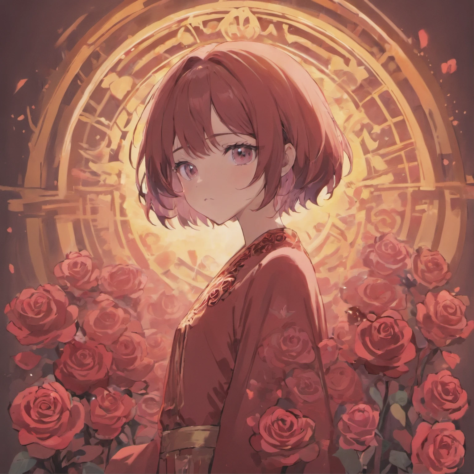 (Rose Shorthair Girl)Detailed and high-quality images,Dynamic Pose,Focus on facial features,Roses on the background,glowing sun,black colored hair,stares at the camera