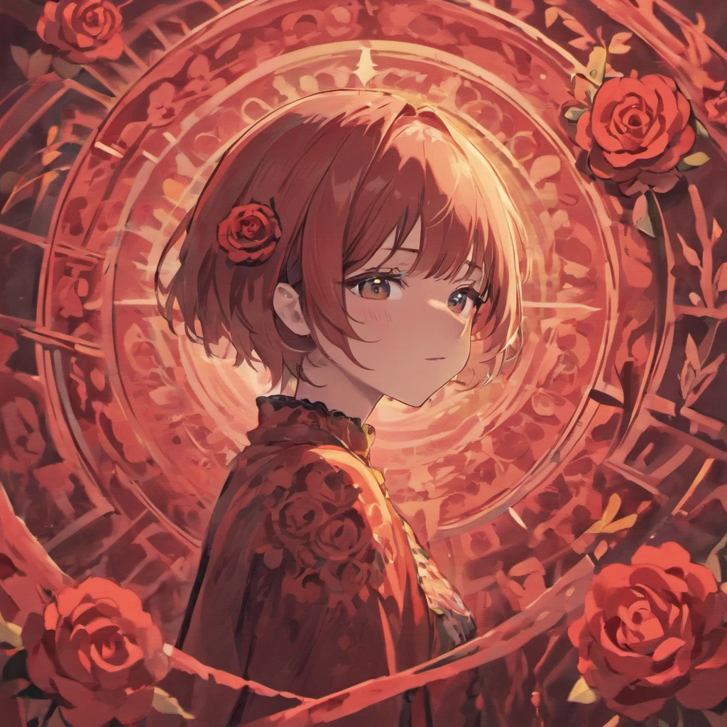 (Girl with Rose Shorthair)Detailed, high-quality images，Dynamic Pose，Focus on facial features，Roses on the background，glowing sun，black colored hair，stares at the camera