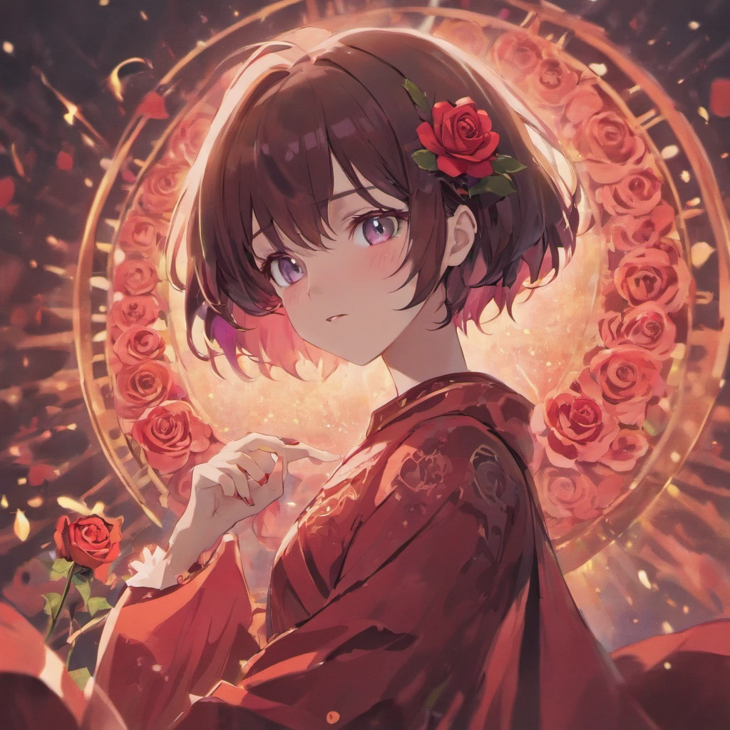 (Girl with Rose Shorthair)Detailed, high-quality images，Dynamic Pose，Focus on facial features，Roses on the background，glowing sun，black colored hair，stares at the camera