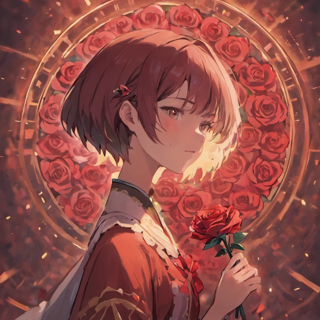 (Girl with Rose Shorthair)Detailed, high-quality images，Dynamic Pose，Focus on facial features，Roses on the background，glowing sun，black colored hair，stares at the camera