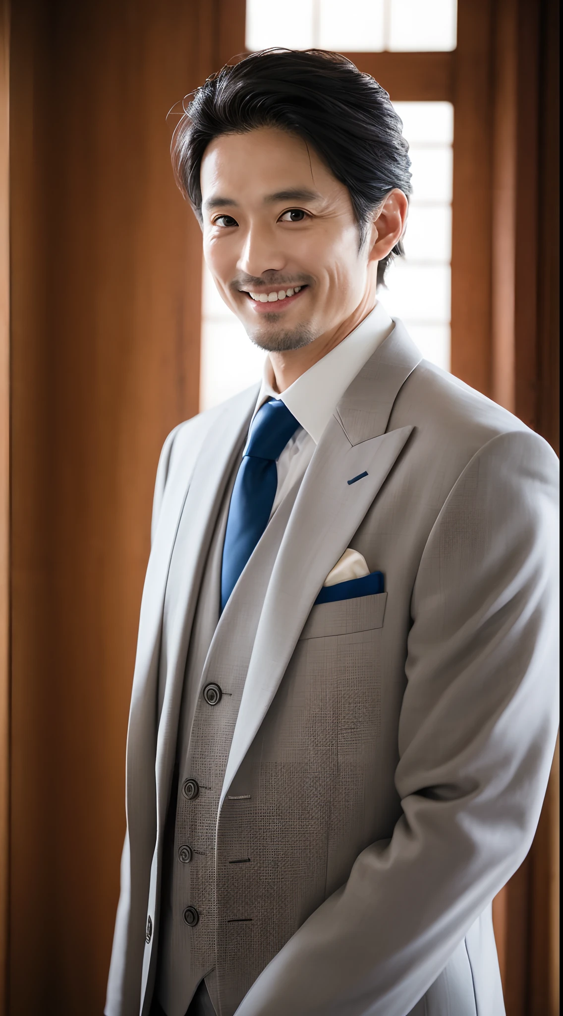 4K、top-quality、masutepiece、40-year-old male living in Japan、a handsome、A dark-haired、((bridegroom))、wedding hall、Looking at the camera、a smile