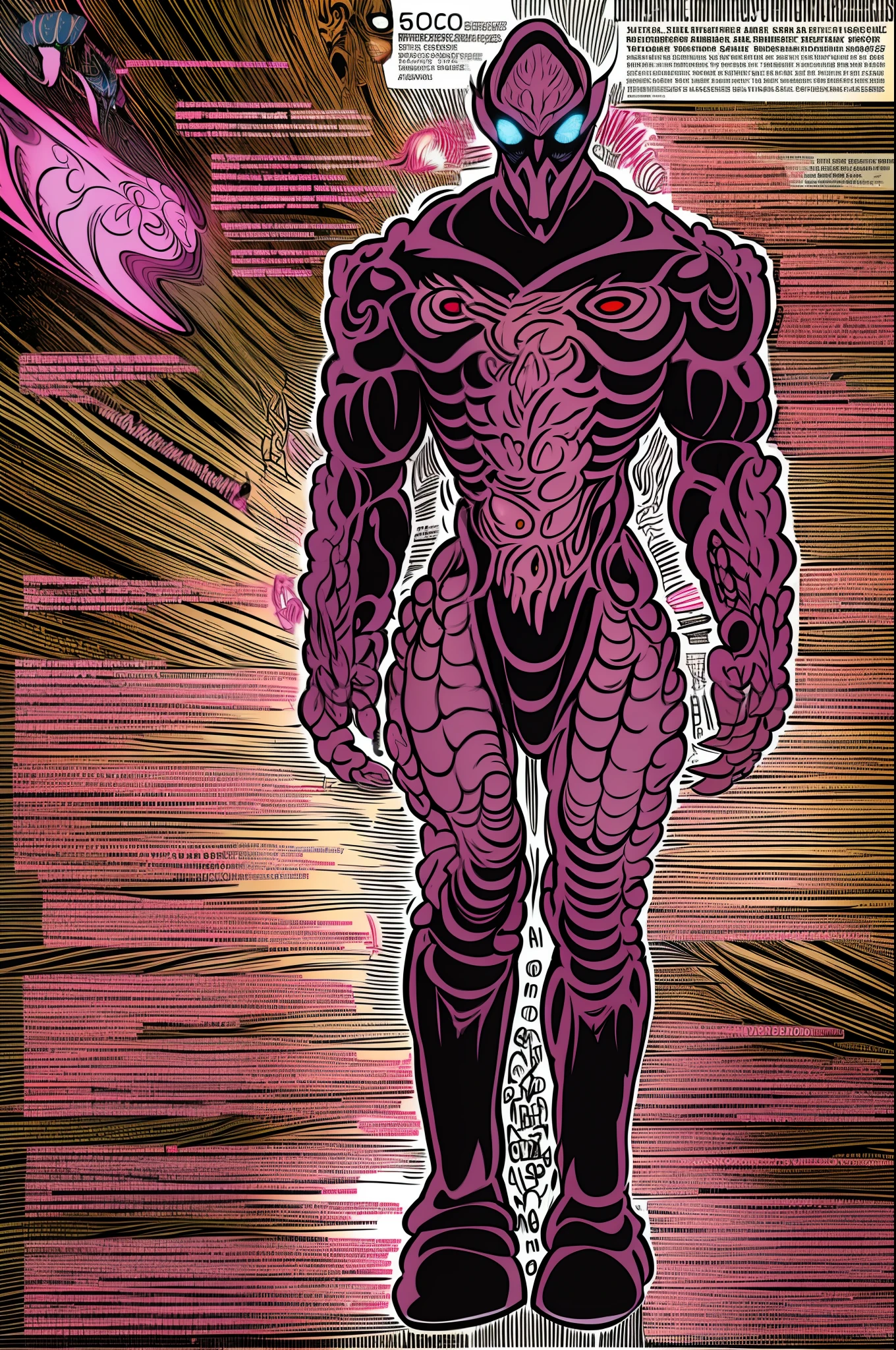 weird edgy superhero, standing, solo, full body, dark, mysterious, surreal, powerful, dramatic lighting, intense colors, comic book style, 60s,methurlant intricate surreal gritty atmospheric cinematic stylized contrast comic eerie cybernetic futuristic, bizzare, eldritch, strang, occult, psychedelyc, surreal, terror,