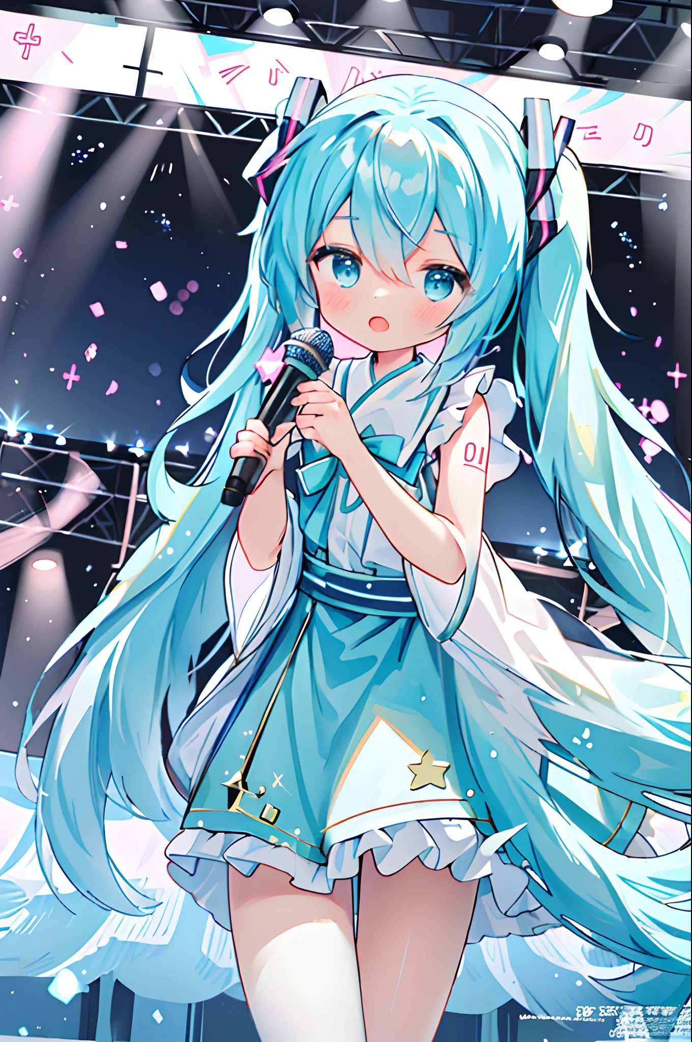 masterpiece、top-quality、ultra-detailliert、illustratio、extremely delicate and beautiful、((Hold the microphone and sing:1.2))
1girl in、独奏、浅笑、
miku hatsune、Twin-tailed、Live Stage、Particles of light、((magazine))