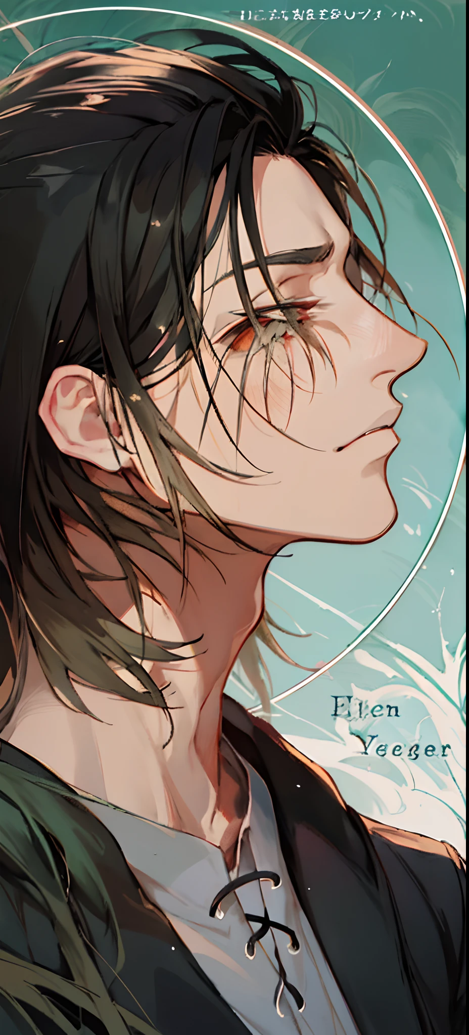 anime - style portrait of a young man with long hair and a heart shaped frame, portrait of eren yeager, eren yeager, eren jaeger, seinen manga portrait, by Zeen Chin, yen press, cover illustration, art cover, inspired by Kieran Yanner, cover manga, inspired by Eglon van der Neer, by Kieran Yanner