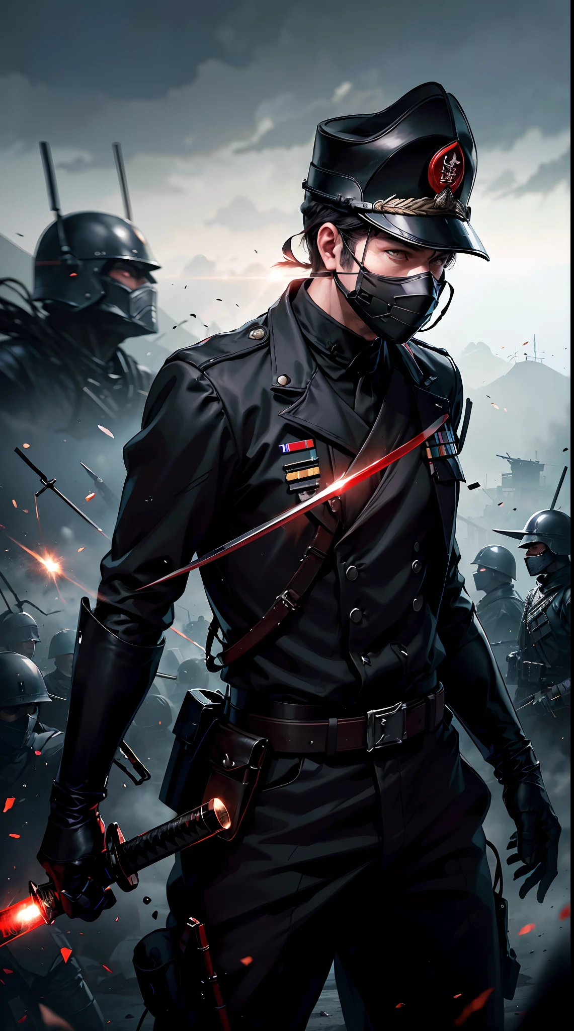 Grandfather holding katana, ww2 black suits, general ww2 hats, black mask, soldiers in the background,red blood element,hd light and dark, balance rendering, HD lighting and dark )<=(epic image quality)dark atmosphere with bright particle light(many effects in background)
