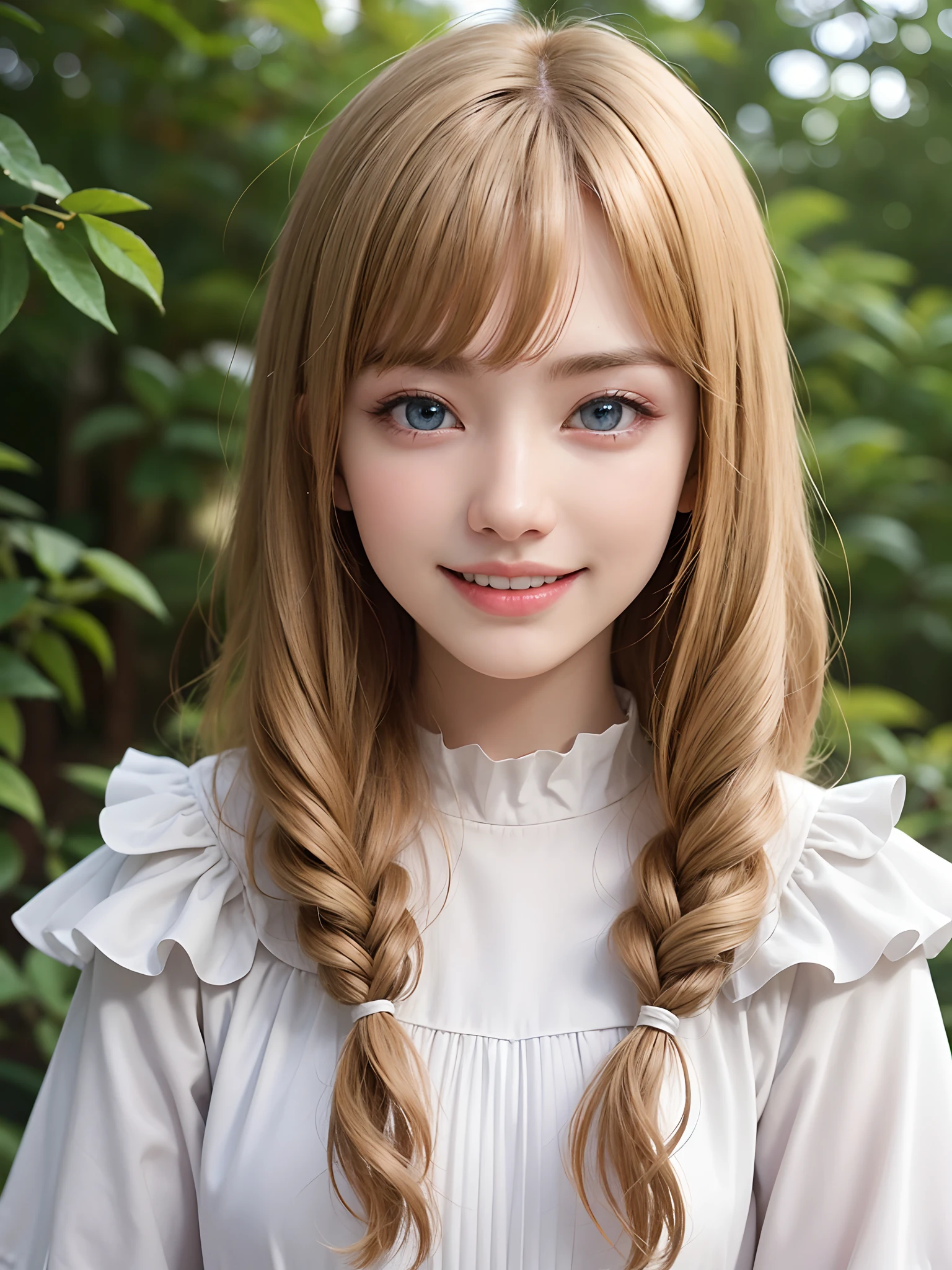 (masuter piece、Best Quality、masutepiece、Cute symmetrical face、Norse man、1 girl)、Beautiful blonde hair、Intense crystal light blue eyes、no earrings、Beautiful white skin、5ars old、Cute white outfit、Very pretty girl、happily laughing、Smile happily、The best smile、Beautiful teeth、Beautiful teeth alignment、Beautiful skins、Staring into the distance on the left、Beautiful nature background of light and forest、Deities々Deep forest background、cowboy shot
