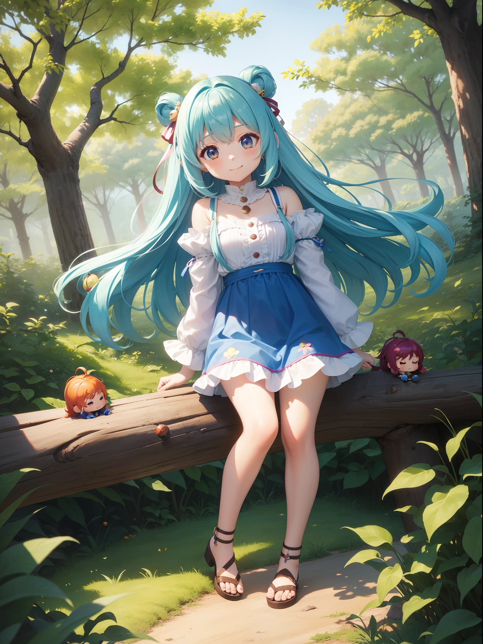 Chibichara Picking chestnuts in a chestnut grove long hair with blue hair((Chibi Chara))、A charming smile、Fluffy、girl with、Chibi Chara、Friends of the Forest、full body Esbian、Pastel colors hair、masutepiece、top-quality、