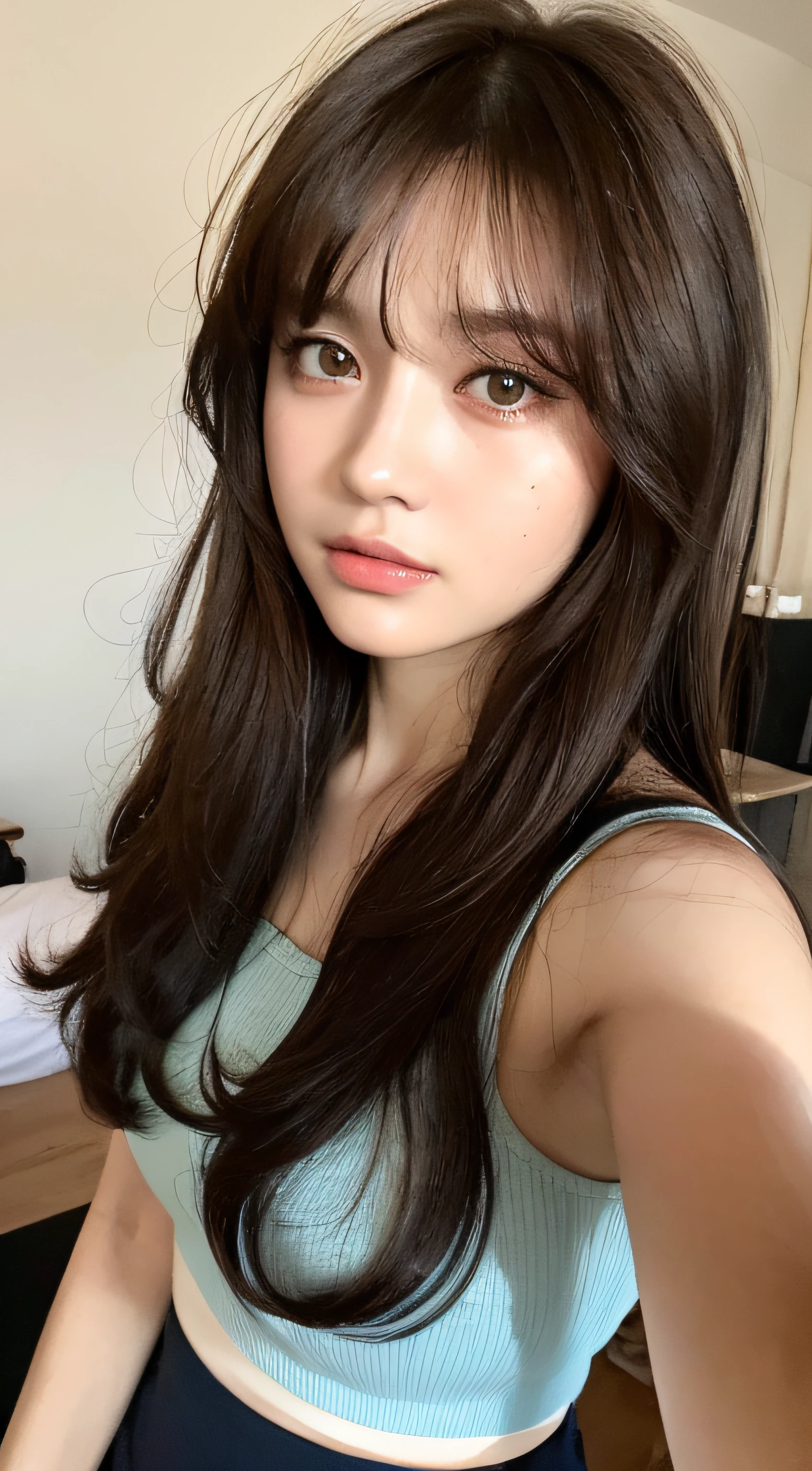 (Top quality, 8k, Masterpiece: 1.3), she is a lovely lady with a perfect figure: 1.4, dark brown hair, torn shorts, sleeping in bedroom, very detailed face and skin, fine eyes, double eyelids, puffy eyes, detailed eyes, bangs, long hair,