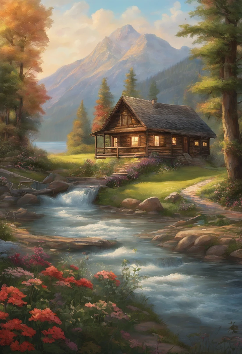 painting of a cabin by a river with a mountain in the background, flowers aside of fence, , peaceful scene, peaceful landscape, in a serene landscape, scenery artwork, highly detailed oil-painting, beautiful oil matte painting, tranquil scene, style of Thomas Kinkade, breathtaking masterpiece of art, dream scenery art, thomas kinkade style painting, 8k high Res, hyper detailed, impasto.