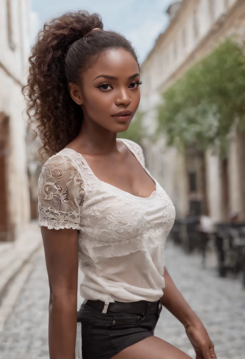 ((Dark African skin, Very deep ebony skin)), ((Its beauty is undeniable)), ((Excited cute face)), ((Hyper detailed perfect eyes,)), ((Pose mignonne)), ((Langue sortie)), ((Seductive )), sexy, (( Tight mesh shirt, shorts courts sexy)), ((African long curly hair afro ponytail,)), (( peau)), ((debout, Vue de face)), ((toucher ses propres jambes dans une pose sexy)), ((dehors, Ville publique)), Sharp Focus CGI, photoreallistic, High detail, Realstic, Masterpiece, absurdes, Best quality, Hdr, High quality, high-definition, Extremely detailed, 8k wallpaper, Intricate details, 8K UHD, Full-HD, (photo realist:1.2), contraste, intense illumination, lighting cinematic, natural lighting, hard light, contre-jour, Illumination globale, occlusion ambiante