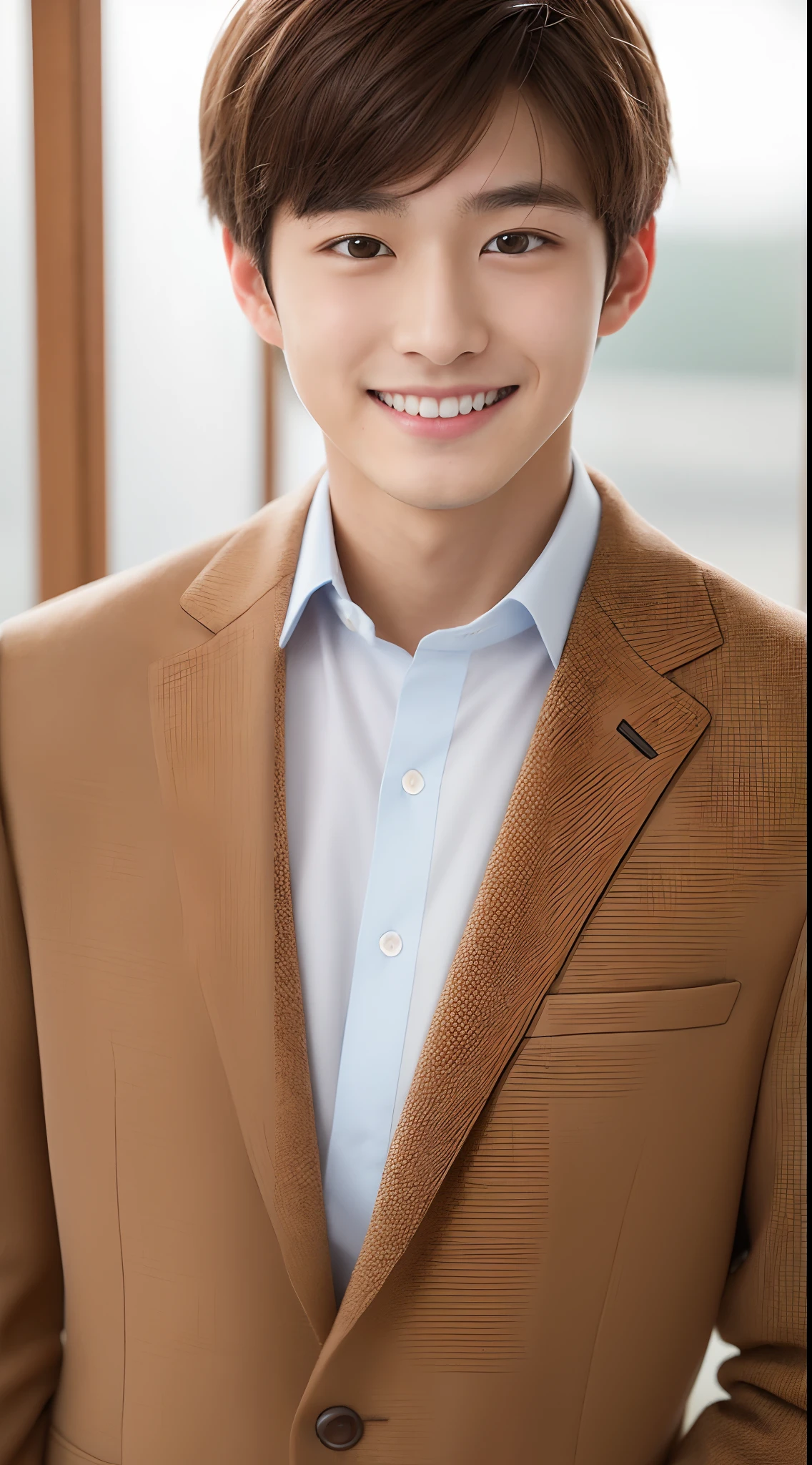 4K、top-quality、masutepiece、18-year-old male living in Japan、a handsome、Brown hair、bridegroom、Looking at the camera、a smile
