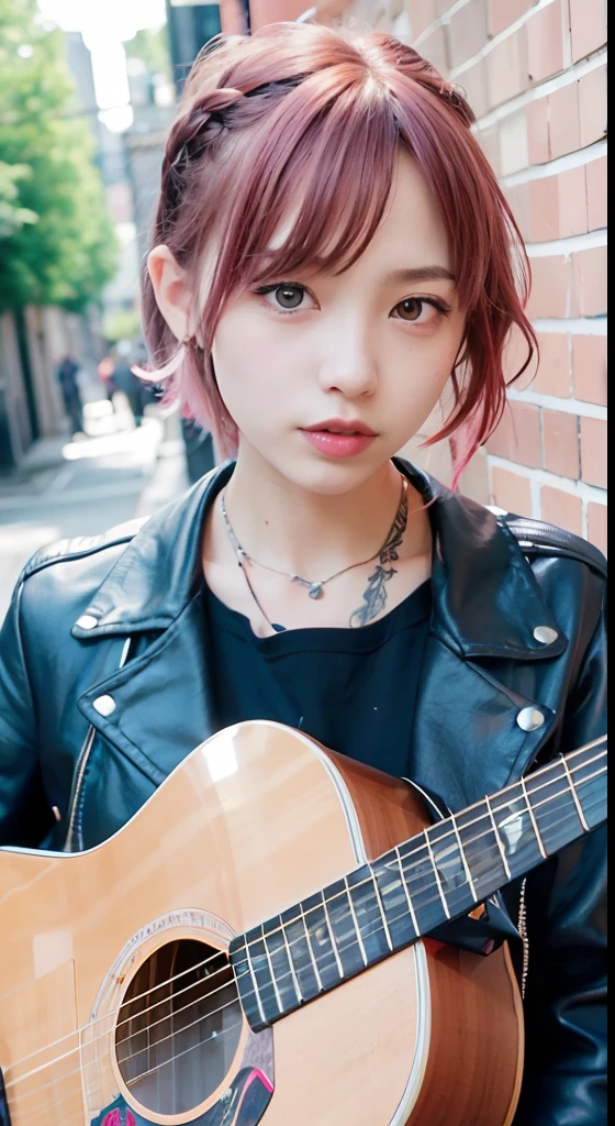 (masutepiece), (Portrait), (Aesthetic), (cute little), (upper blody), (High quality), (aesthetic clothings), (professional angle), (thirds rule), (Feminine), (Woman), , (Beautiful),(Feminine features), (18year old:1.4), Solo, 1 woman, (Charming punk girl), Blue eyes,Full body,faces、(A smile:1.5),(facing front:1.2),Dramatic light, ((Playing guitar)), Edgy makeup, (Small bust), ((electric guitar)), (Front face), (Defiant expression), ((defiance)), (Leather jackets and tattoos), ((Short hair)), (dyed (E.G. and pinks) hair), (spiky hair), (Thick hair), Matte Shine Hair, (Hair bands scattered in the hair), (Bold and bold look), (pale skin), (Dark clothes), (Band T-shirt), (Ripped jeans), crew neckline), ((Urban alley background)), (up close shot), Beautiful hands, Two hands, normal hands, Two arms, complete hands, Beautiful body, Beautiful fingers, normal fingers, Five Fingers, Five Fingers, (Thumb index finger ring finger), Beautiful ears, normal ears, Beautiful eyes, shiny eyes, Beautiful mouth, Beautiful lips,Medium hair with pink hair, (Pink hair), Ear Hair, small tits, Single braid, (Single braid), (Side braid)