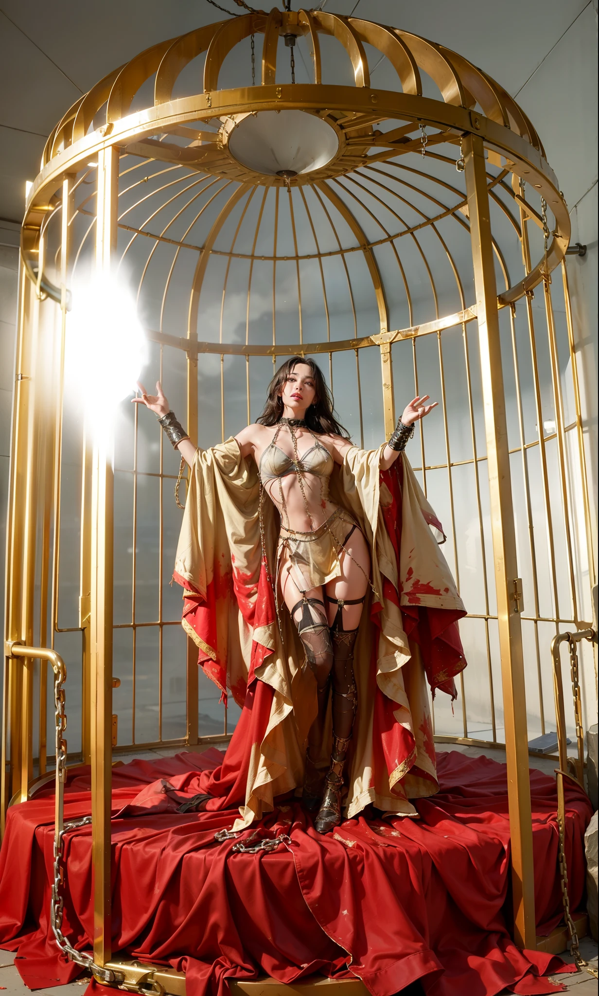 ,((Wearing a torn sheer costume of a superheroine)),(, No bra)), Wet crotch, Wet thighs, Beautiful girl with accentuated slender abs: 1.4, (((nipple tips protruding, areola is protruding, The shape of the pubic region is clearly visible)), sixpack abs: 1.4, Bust Botox, Photo, Sharpness, Unique 850 4, Koda850 k portrait camera, F1.6 shots, Ultra-realistic textures, Spectacular light textures, Cinestil 800 Fashion Mechanics, (futuristic sci-fi battle fashion: 1.1), (tied perfectly by chain), Restraint, Slaves, collars, ((wide prison with sunlight)), Dark fantasy, Realistic material details, extreme hight detail, Ultra-realistic materials ((Torn costume))), Wet, Cloudy, (Chained)), ((big emphasized by chains)), ((chains digging into crotch)), ( (Collar)), (, No bra), shredded costumes, broken golden shields and battle spears,, White combat gloves, Combat shoulder armor, Blood splattered on the face, Blood splattered, Realistic, (Bruises, Dirty, ripped clothing, skimpy clothing, Blood: 1.3),  Torn Cape, Torn pantyhose, Long legs, ((iron pipe in the crotch)), Metallic shackles and fetters, ((chains hung from heaven)), Wet crotch is clearly visible, Swarovski's sword and the anatomy beneath his feet, (futuristic sci-fi battle fashion, Torn mesh stockings),