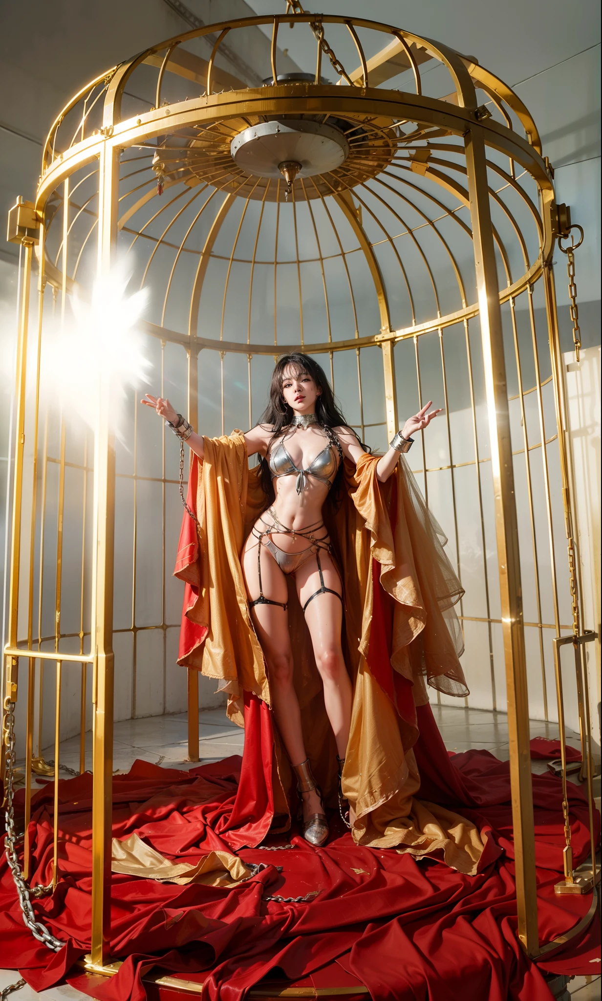 ,((Wearing a torn sheer costume of a superheroine)),(, No bra)), Wet crotch, Wet thighs, Beautiful girl with accentuated slender abs: 1.4, (((nipple tips protruding, areola is protruding, The shape of the pubic region is clearly visible)), sixpack abs: 1.4, Bust Botox, Photo, Sharpness, Unique 850 4, Koda850 k portrait camera, F1.6 shots, Ultra-realistic textures, Spectacular light textures, Cinestil 800 Fashion Mechanics, (futuristic sci-fi battle fashion: 1.1), (tied perfectly by chain), Restraint, Slaves, collars, ((wide prison with sunlight)), Dark fantasy, Realistic material details, extreme hight detail, Ultra-realistic materials ((Torn costume))), Wet, Cloudy, (Chained)), ((big emphasized by chains)), ((chains digging into crotch)), ( (Collar)), (, No bra), shredded costumes, broken golden shields and battle spears,, White combat gloves, Combat shoulder armor, Blood splattered on the face, Blood splattered, Realistic, (Bruises, Dirty, ripped clothing, skimpy clothing, Blood: 1.3), Torn Cape, Torn pantyhose, Long legs, ((iron pipe in the crotch)), Metallic shackles and fetters, ((chains hung from heaven)), Wet crotch is clearly visible, Swarovski's sword and the anatomy beneath his feet, (futuristic sci-fi battle fashion, Torn mesh stockings),