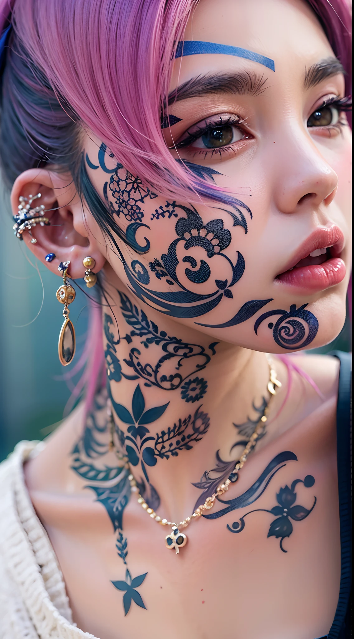 The prompts for the first theme are as follows:
"(Best Quality, 8K, 32K, masutepiece:1.3), Ultra-detailed, (Photorealistic:1.4), white colors, albino, Punk Girl, Detailed eyes, Upper body, Luxurious punk hair, Edgy punk fashion, Avant-garde makeup, Numerous piercings, Heavily tattooed body, Street background, Backlight effect, Shallow depth of field, Blurry background", nude
