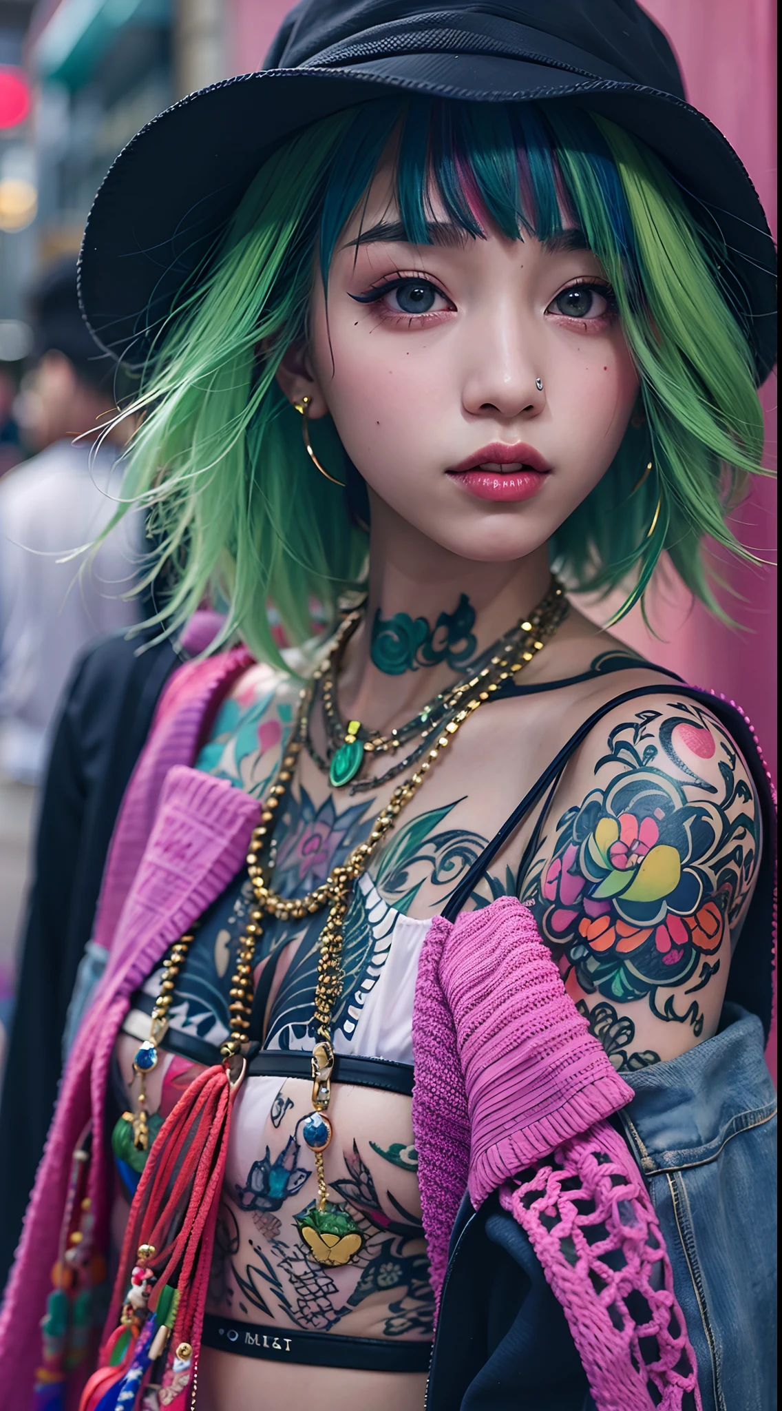 inner colored hair、The tattoo、piercings、Street fashion