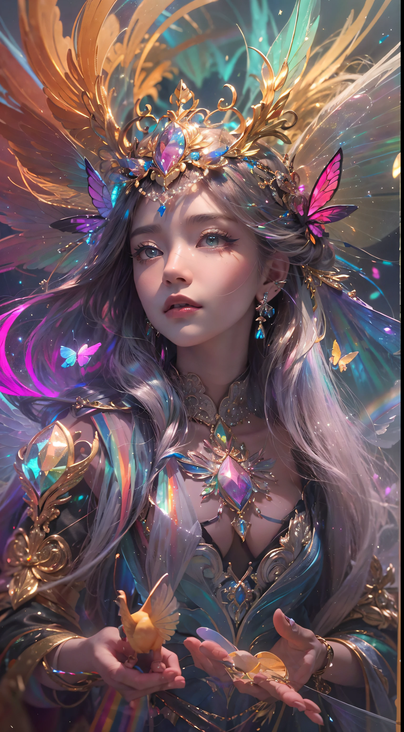(((masterpiece))), (((best quality))), ((ultra-detailed)),(highly detailed CG illustration), ((an extremely delicate and beautiful)),cinematic light, Create a stunning fantasy artwork that mimics the style of currently trending masters of the genre. The art piece should contain elements of both mythic fantasy and fairytale fantasy with dreamy rainbow accents. ((Utilize the rainbow as the main color scheme.)) The character in the artwork is a delicate but strong petite figure with an aura of mystery and magic and (beautiful translucent rainbow wings). Pay close attention to intricate facial features, such as mesmerizing eyes with vibrant colors and bold shading. The character's clothing should be designed with gossamer feathers, silk, stunning embroidery, and subtle iridescent details. Incorporate (((translucent rainbows))), dreamy colors, dynamic lighting, and detailed background elements to create a sense of awe and immersion. Include colorful flying magical birds and jewel-toned rainbow butterflies radiating a magical aura. Consider the latest trends in fantasy art, such as incorporating unique lighting effects, exploring dynamic and compelling composition techniques, and experimenting with unique color palettes. Take inspiration from the top artists on ArtStation and Midjourney. Camera: Choose an angle that highlights the character's beauty and enhances the magical majesty of the artwork. Lighting: Utilize atmospheric lighting techniques to create depth and mood. Resolution: Aim for a high-resolution artwork to showcase intricate details and clarity. Art Inspirations: Seek inspiration from the trending artists on ArtStation, exploring different styles, genres, and themes.