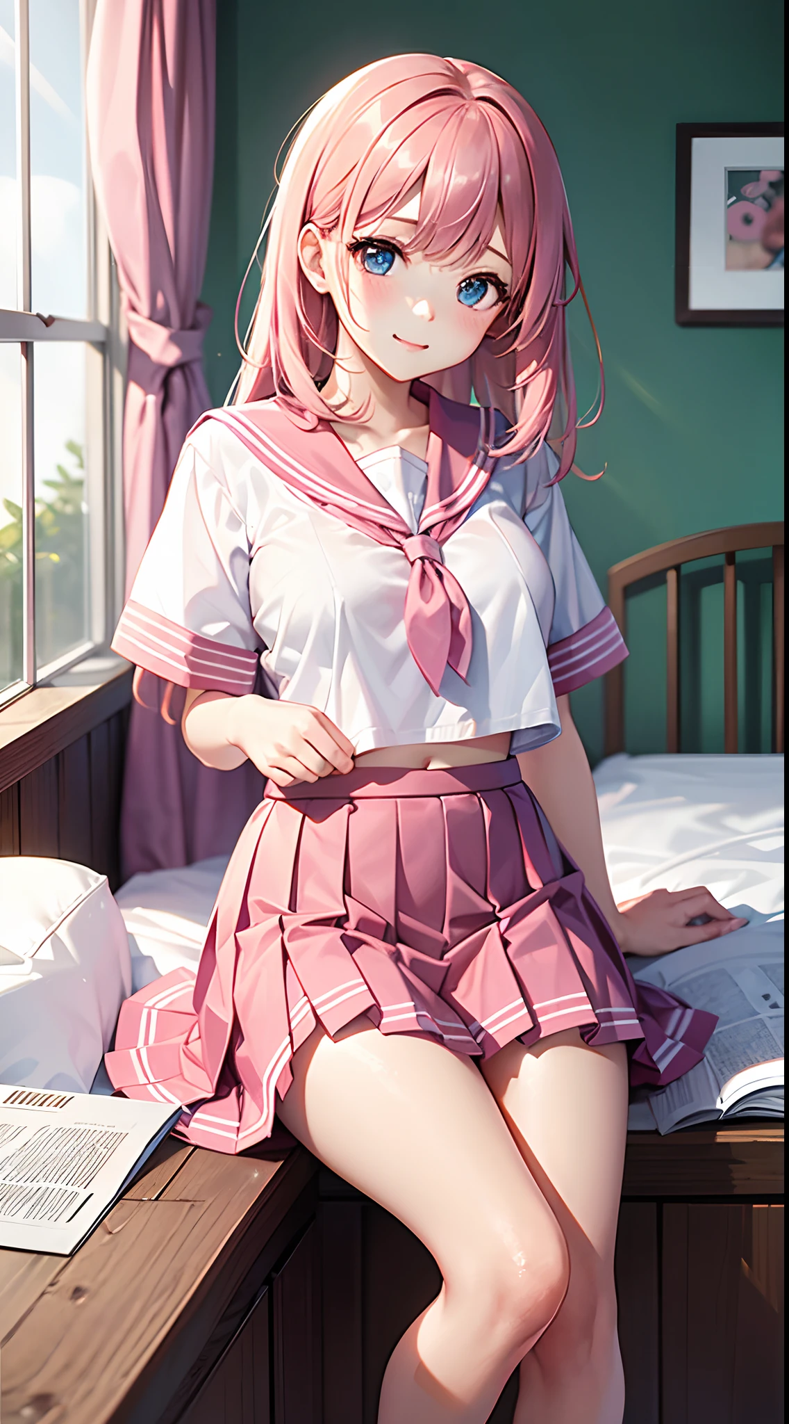 beautiful illustration、top-quality、Cute little girl s、bedroom、A pink-haired、length hair、(((Pink pleated skirt)))、(((pink sailor suit)))、shortsleeves、huge tit、a navel、Flipping up the skirt with your hands、Show white panties、Pull up your skirt and show your panties、bare-legged、blue eyess、on the beds、lovely thighs、glowing thigh